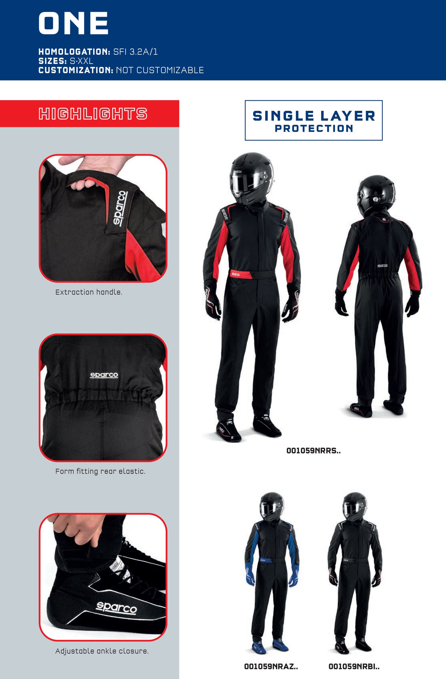 001059 Sparco One Race Suit Basic Overalls Karting Mechanic Pitcrew Sizes S-XXL - raceforglory.store