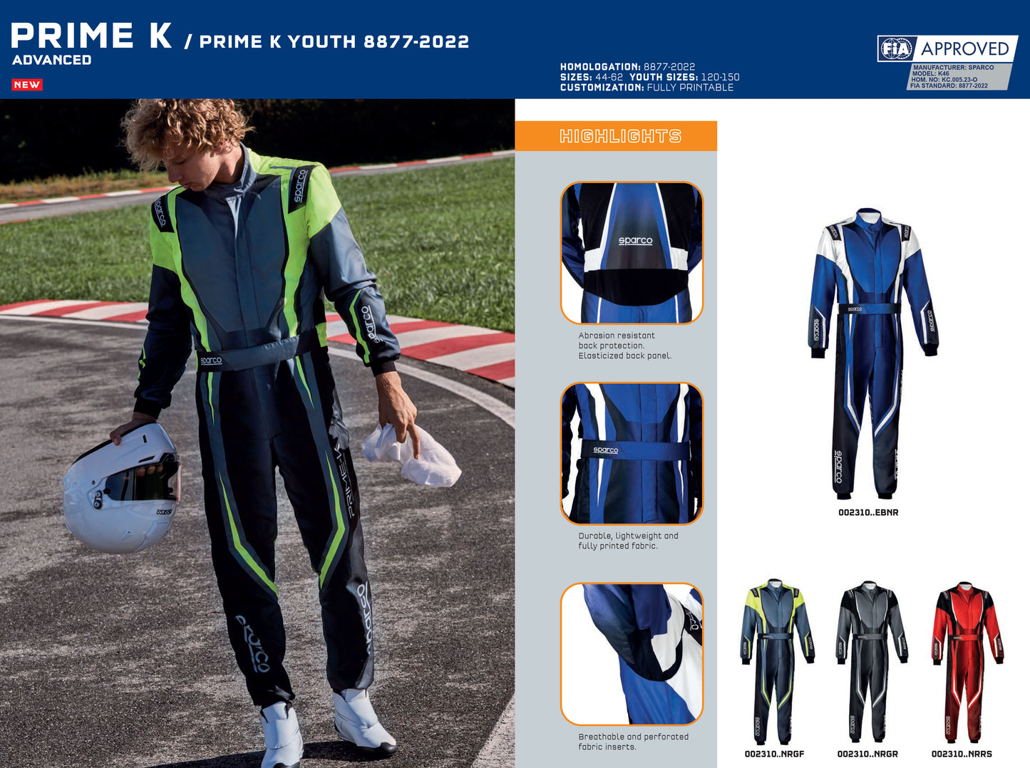 Sparco PRIME K Karting Suit K46 Advanced Kart Overalls FIA 8877-2022 Approved - raceforglory.store