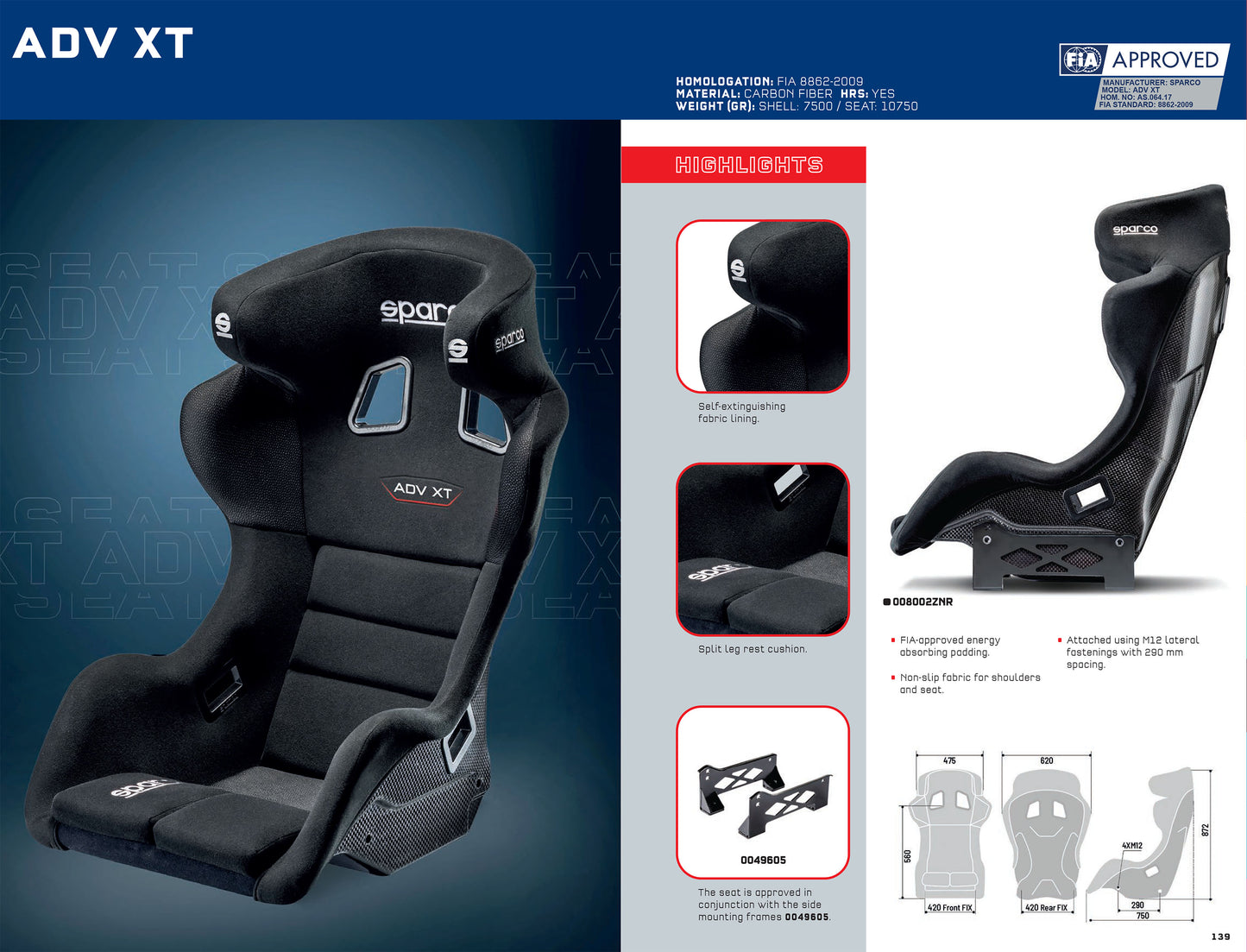 Sparco ADV XT Carbon Fibre Seat for Race Rally FIA 8862-2009 Motorsport Approved