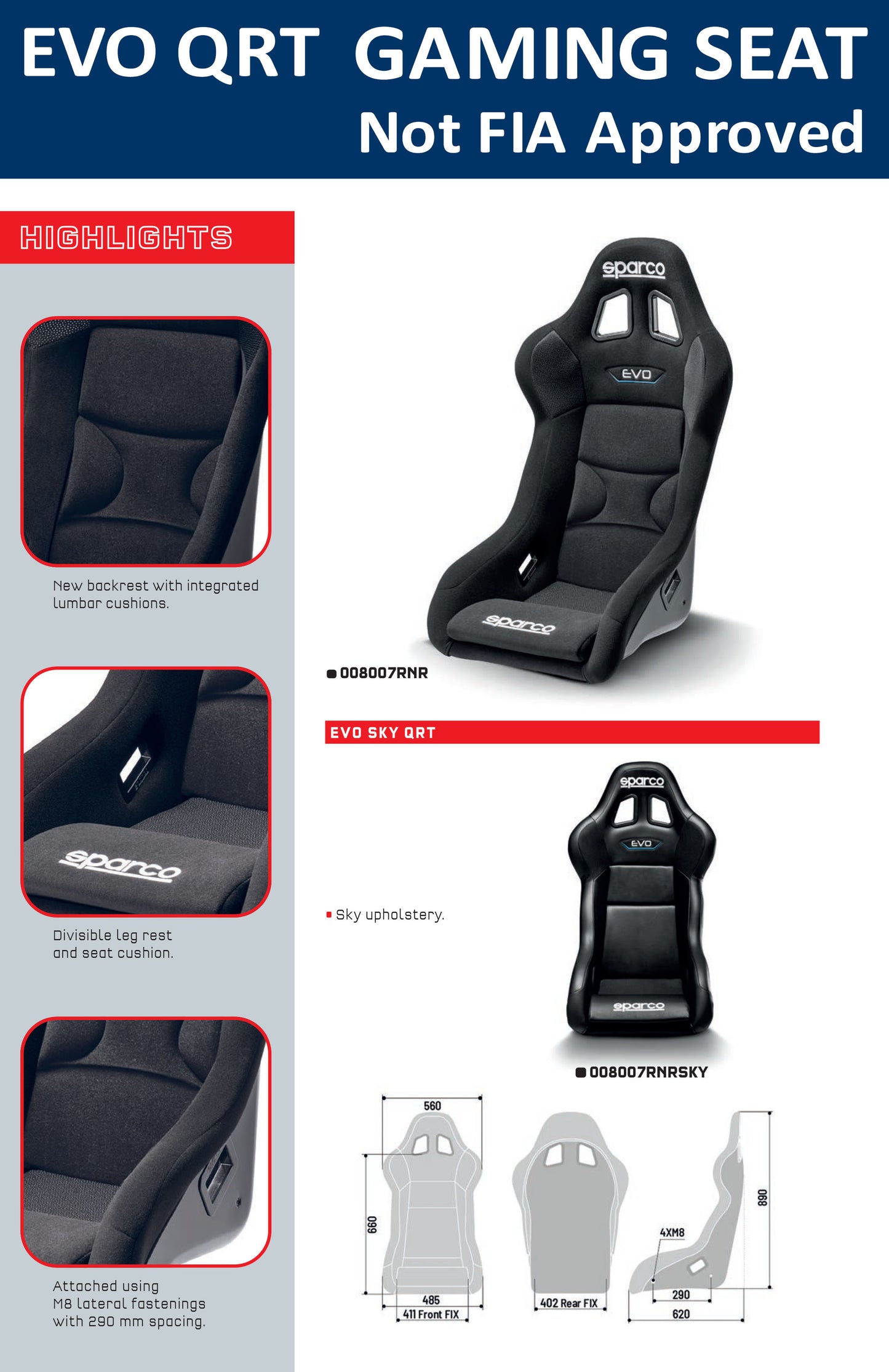 Sparco PRO EVO Gaming Seat Sim Racing E-Sports attach to Simulator Frame Chassis
