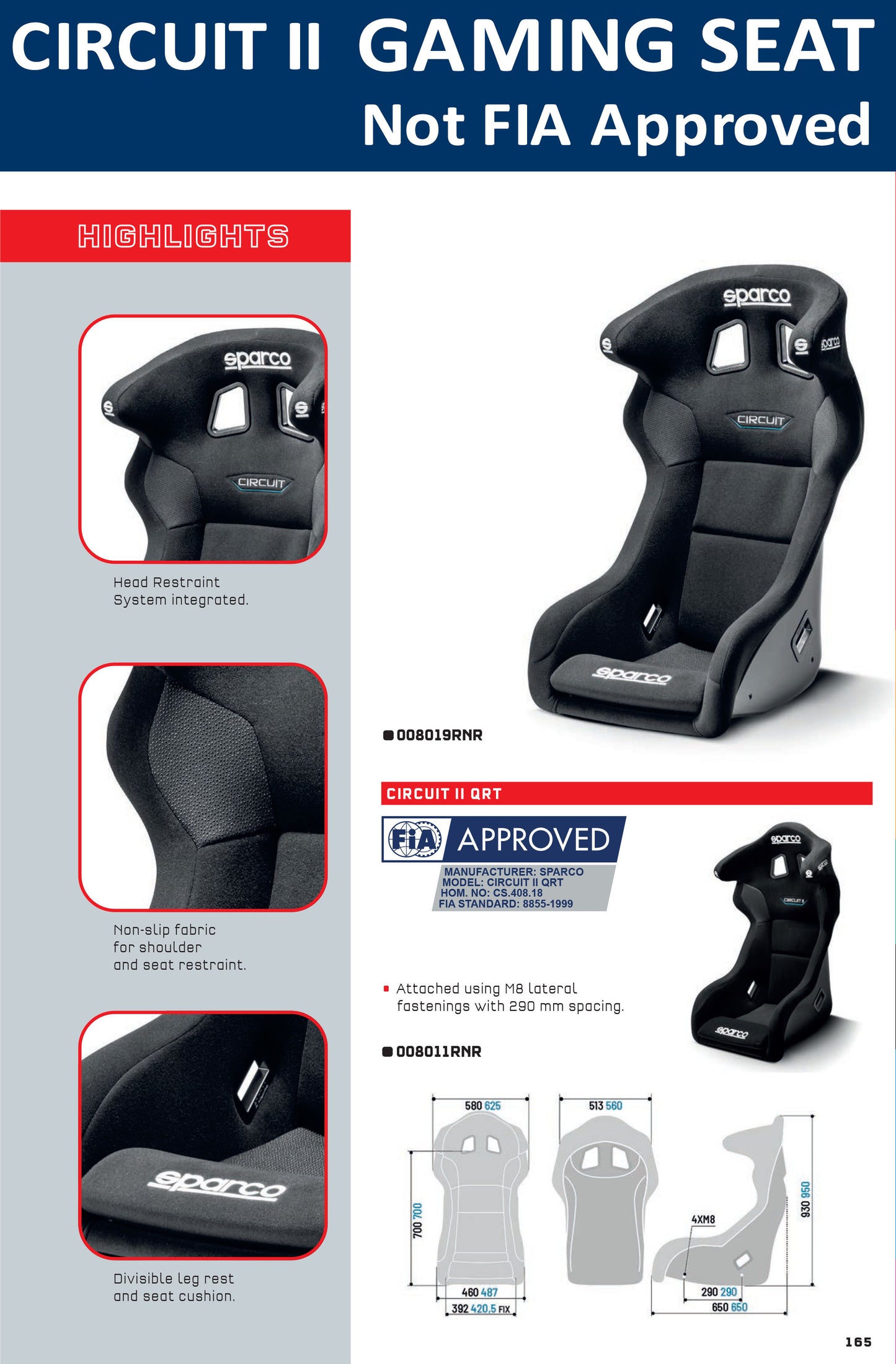Sparco PRO CIRCUIT II Gaming Race Seat E-Sports for Simulator Sim Frame Chassis