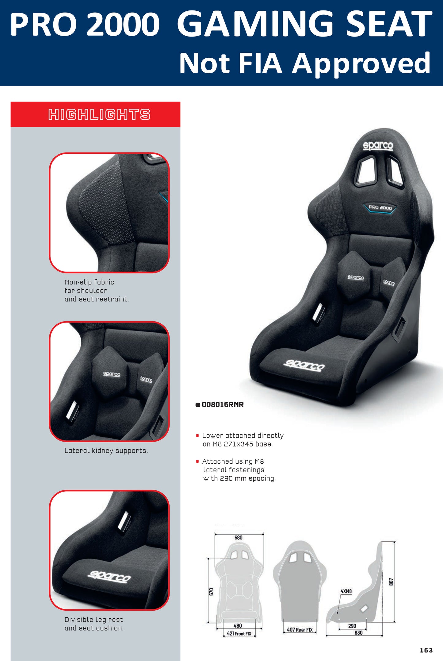 Sparco PRO2000 Gaming Race Seat PC Simulator Sim Frame Chassis E-Sports Racing