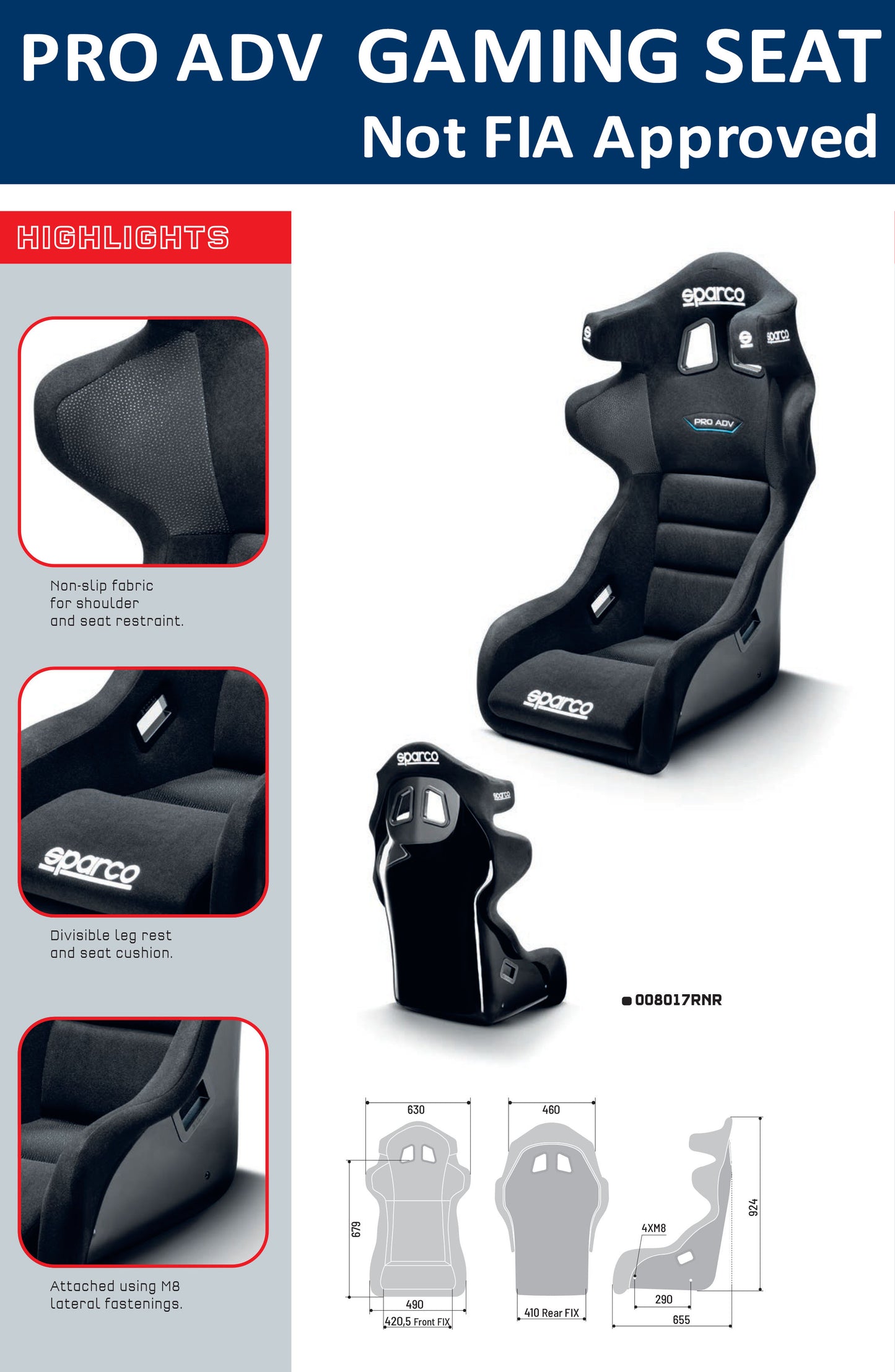 Sparco PRO ADV QRT Gaming Seat Sim Racing E-Sports for Simulator Frame Chassis