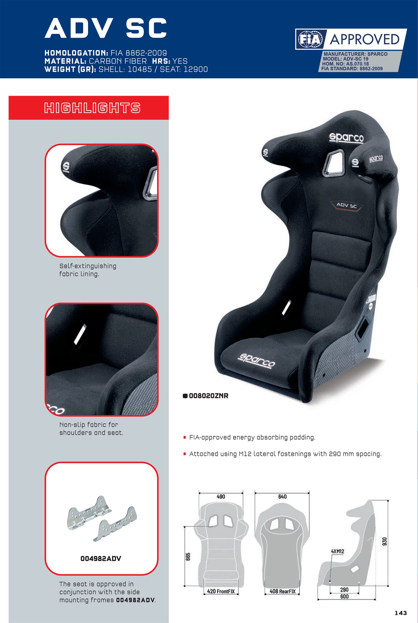 Sparco ADV SC Race Seat Advanced Carbon Fibre Design HRS for Motorsport Use FIA