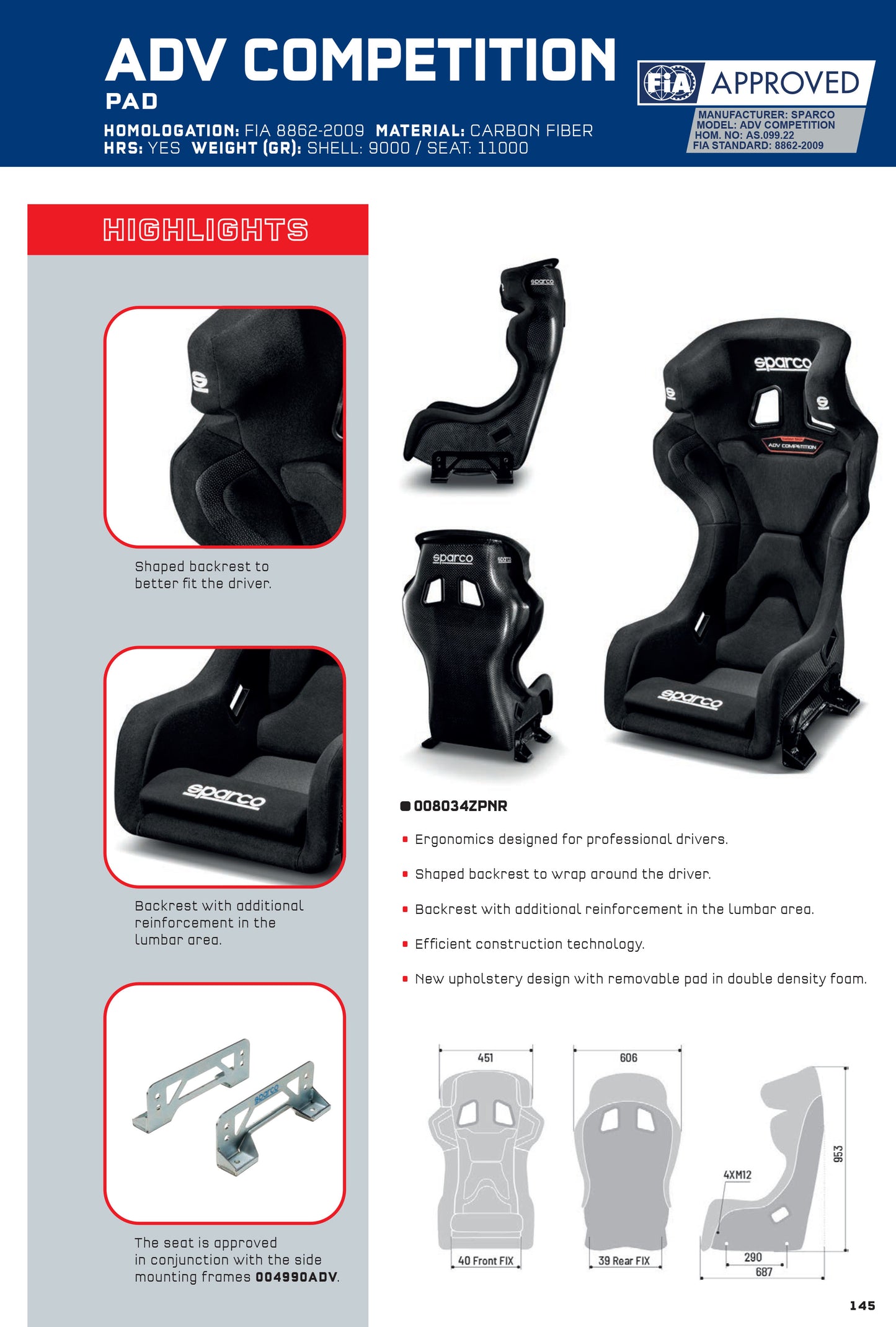 Sparco ADV COMPETITION Padded Race Seat FIA 8862-2009 Carbon Fibre with HRS - raceforglory.store
