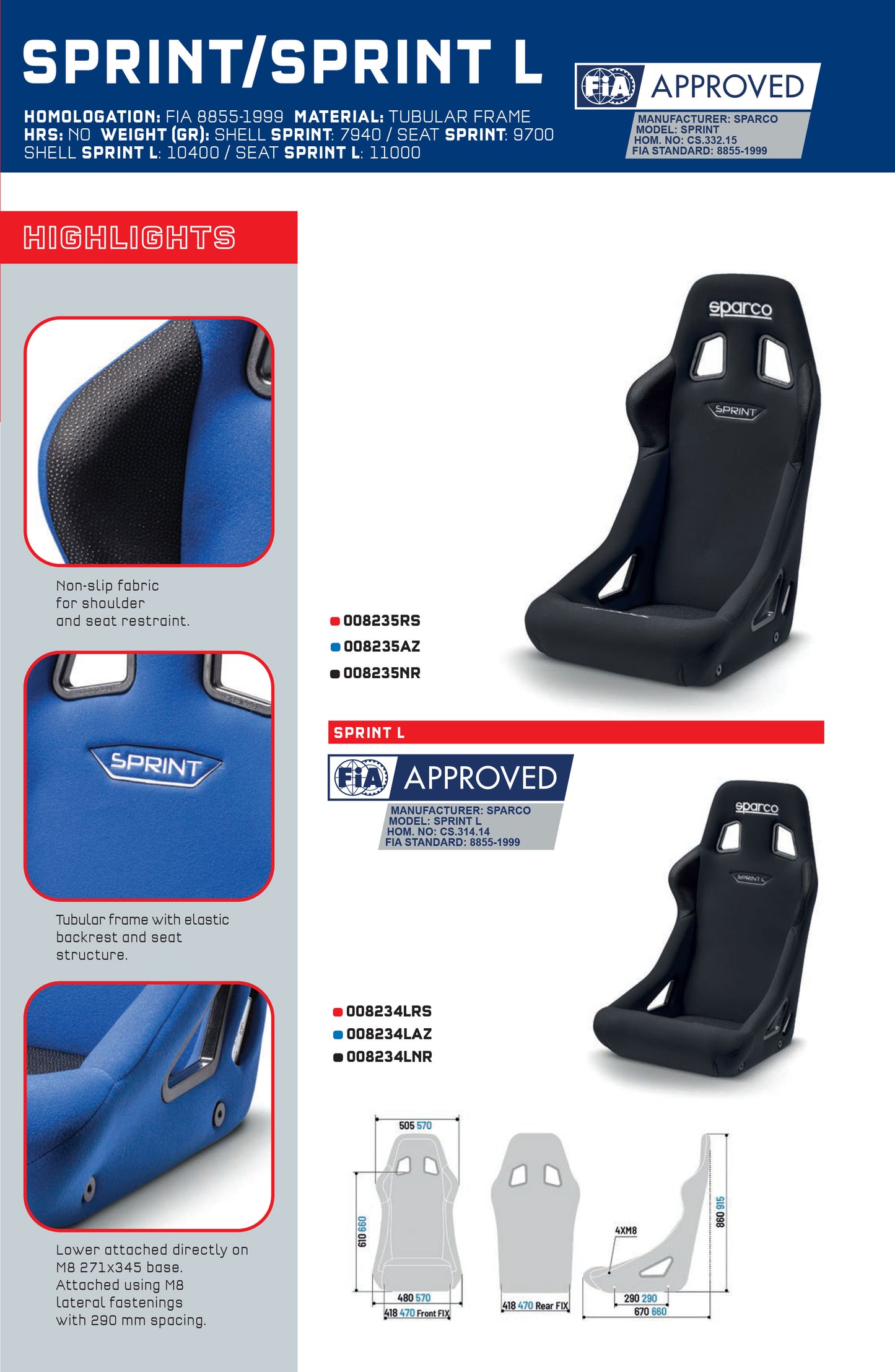 Sparco SPRINT Racing Seat Red Bucket Style FIA Approved for Race Rally Track