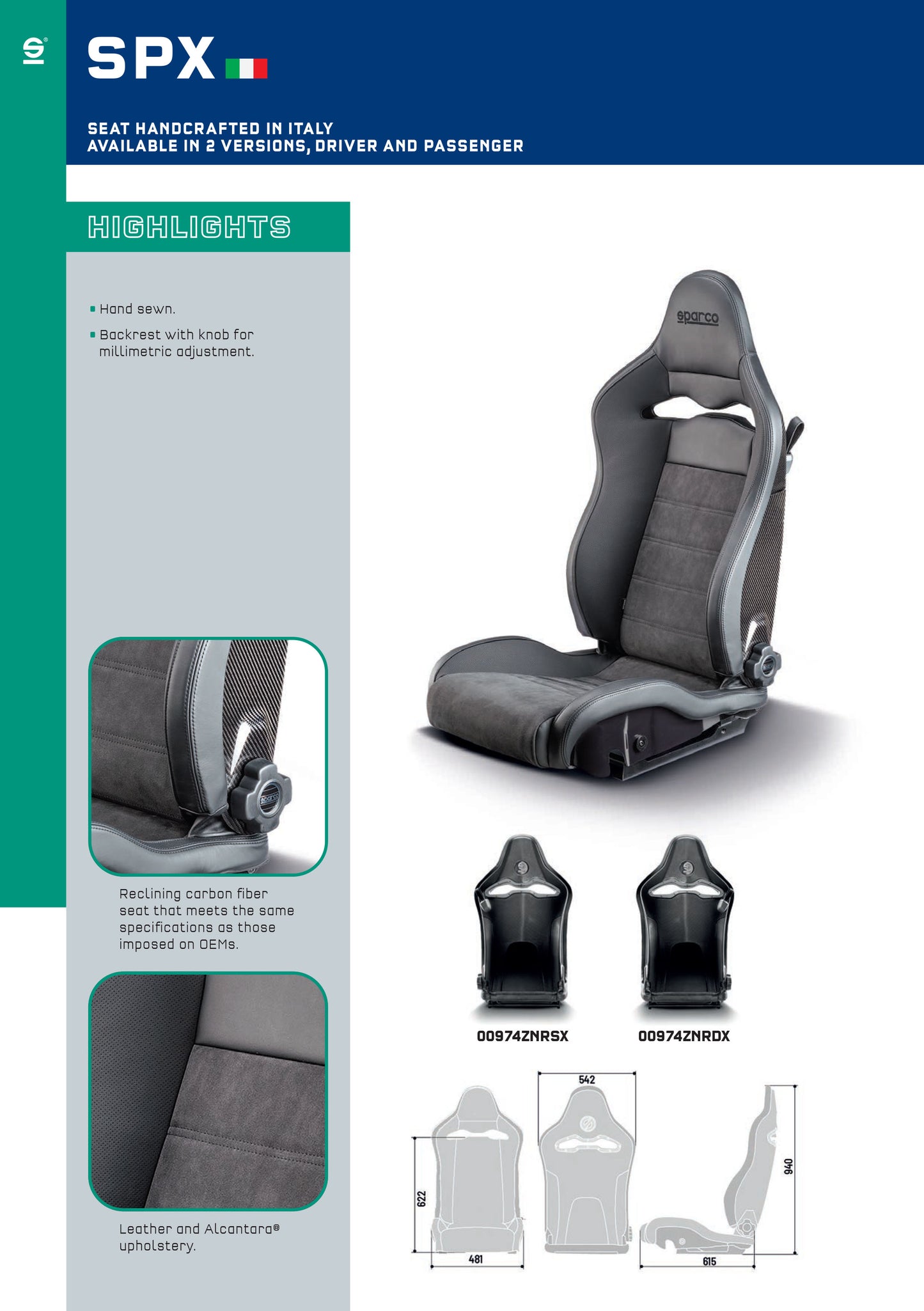 Sparco SPX SX Reclining Sports Seat L/H Carbon Fibre Leather/Alcantara Road Cars