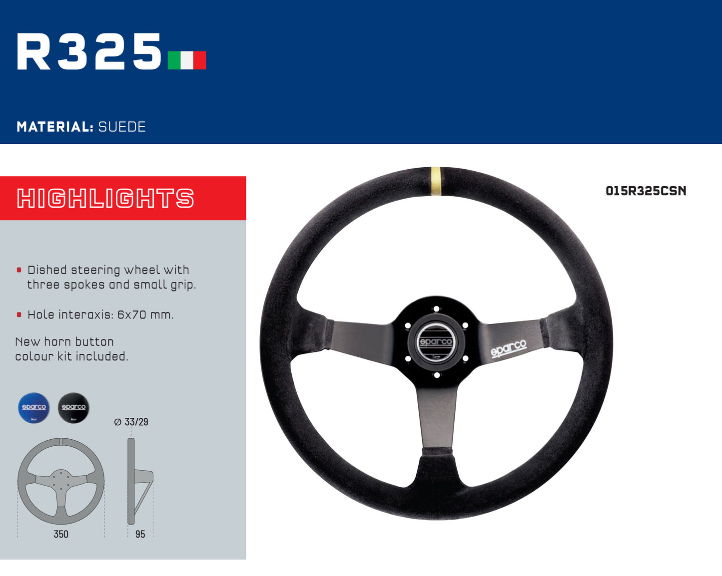 Sparco R325 Steering Wheel Suede 350mm Deep Dish Style 95mm 6x70mm 3-Spoke Black