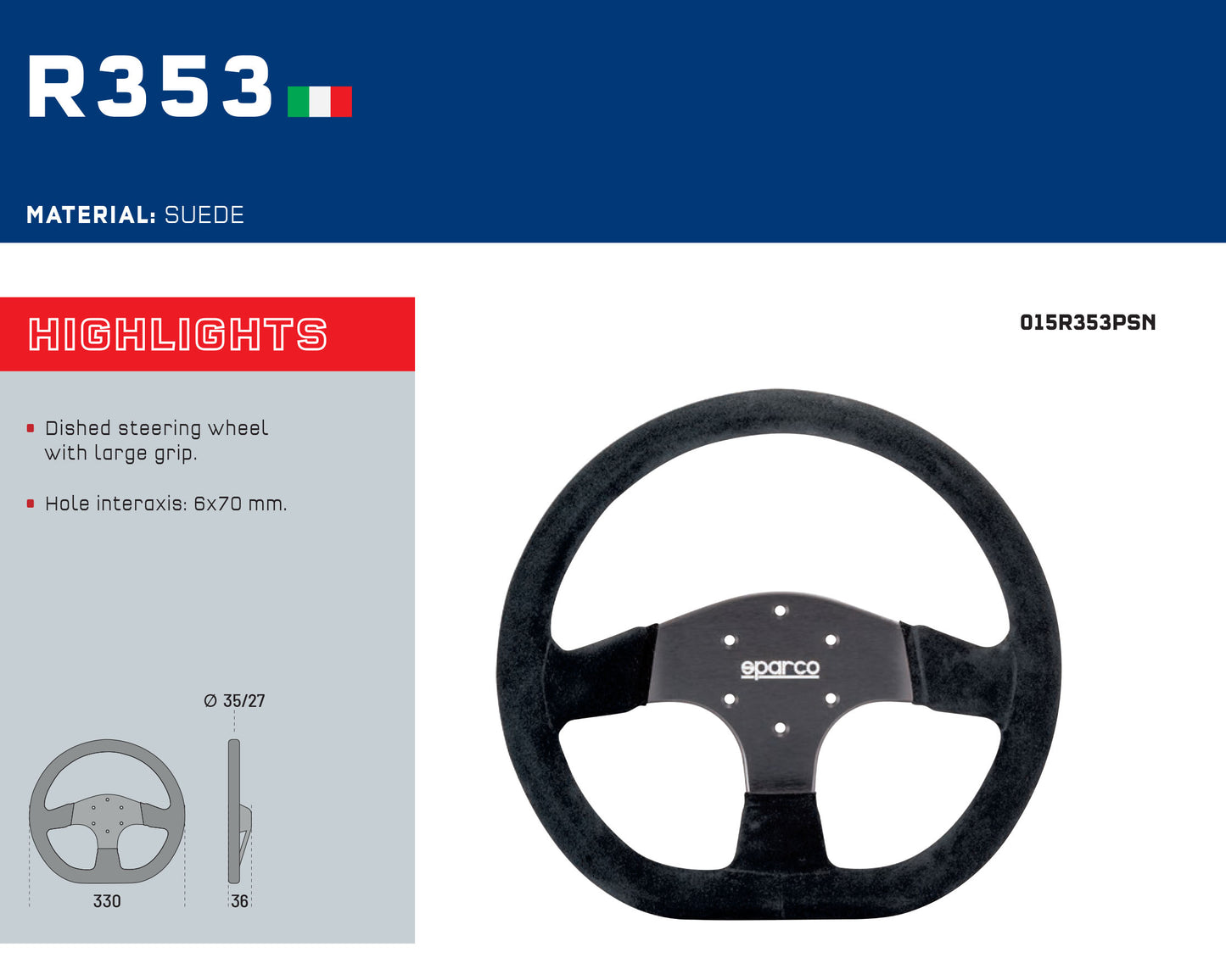 Sparco R353 Steering Wheel Suede 330mm Dished Style 36mm 6x70mm PCD Hub Boss