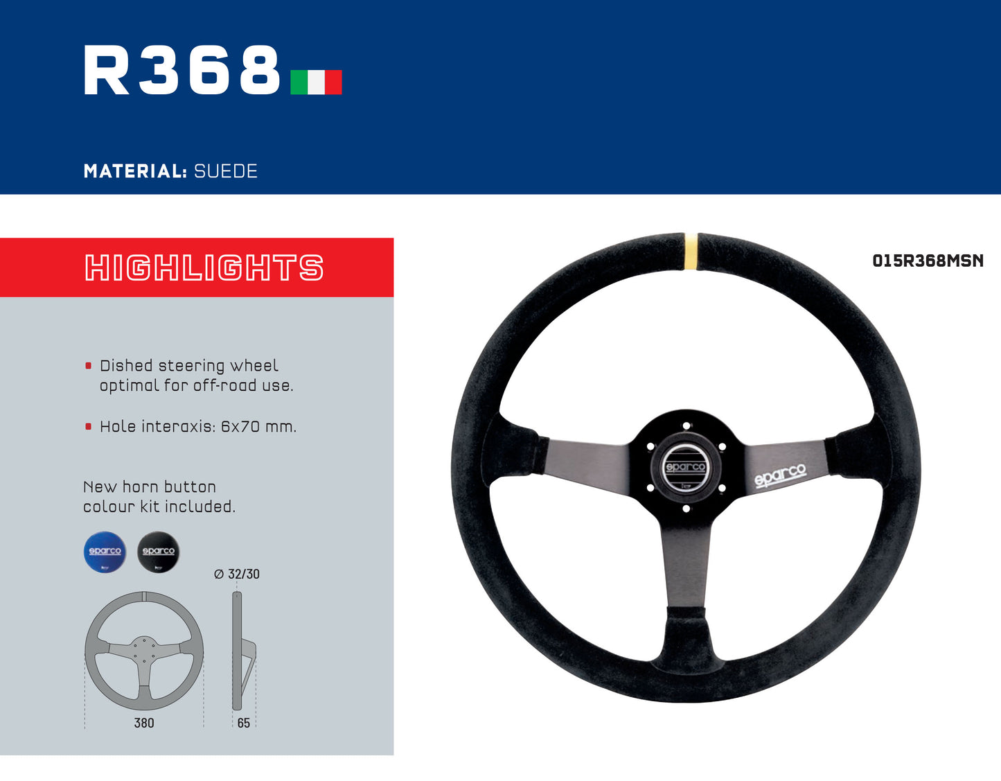 Sparco R368 Steering Wheel Off-Road Rally 380mm Dished Black Suede Material