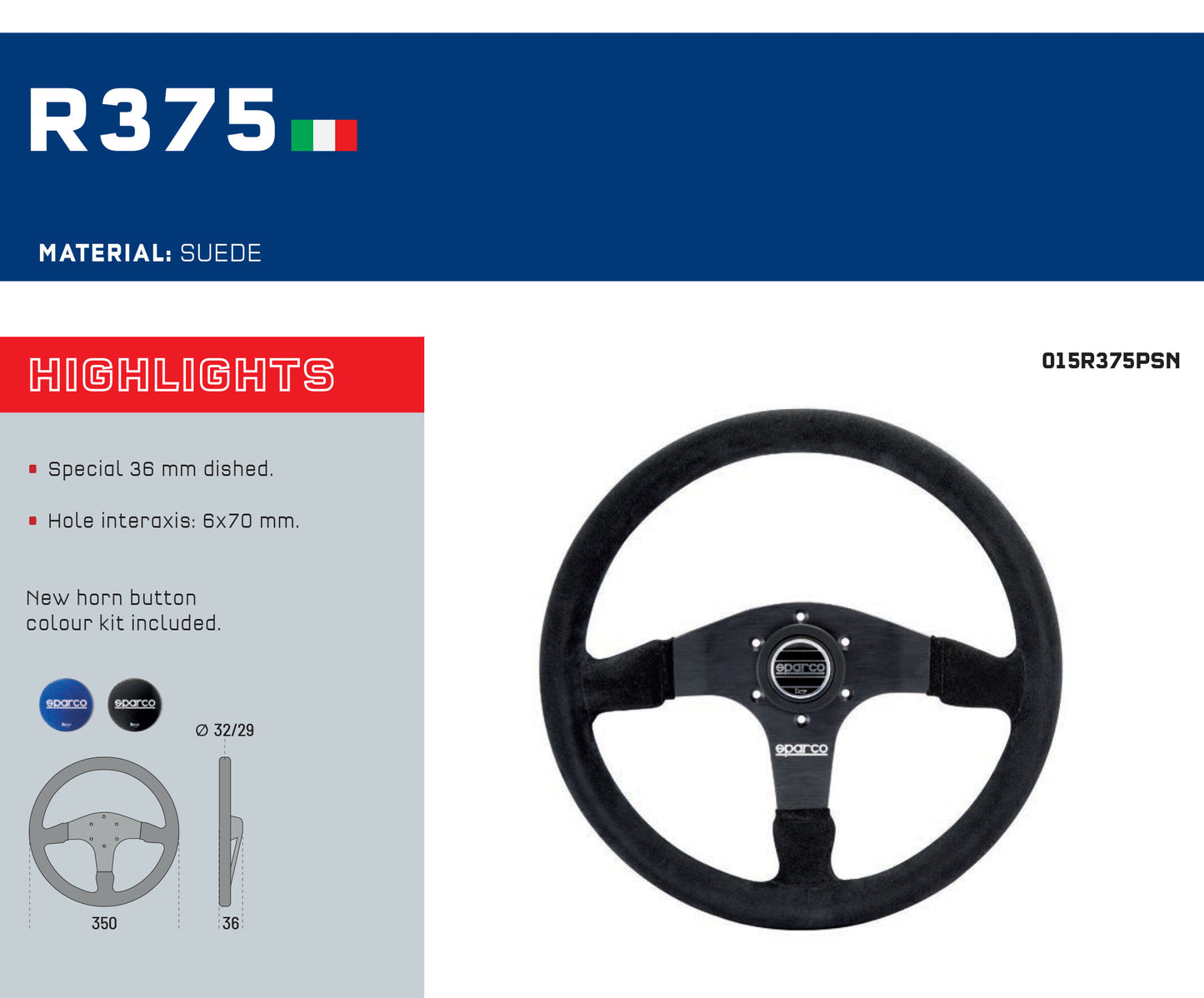 Sparco R375 Steering Wheel Special 36mm Dished 350mm Diameter in Black Suede