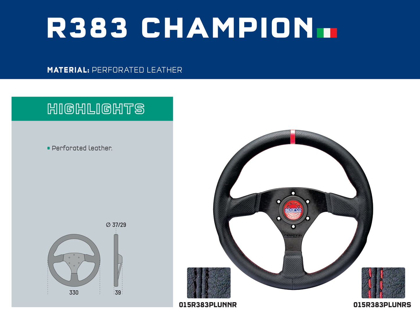 Sparco R383 Champion Steering Wheel 330mm Black with Red Stitching & Horn Button
