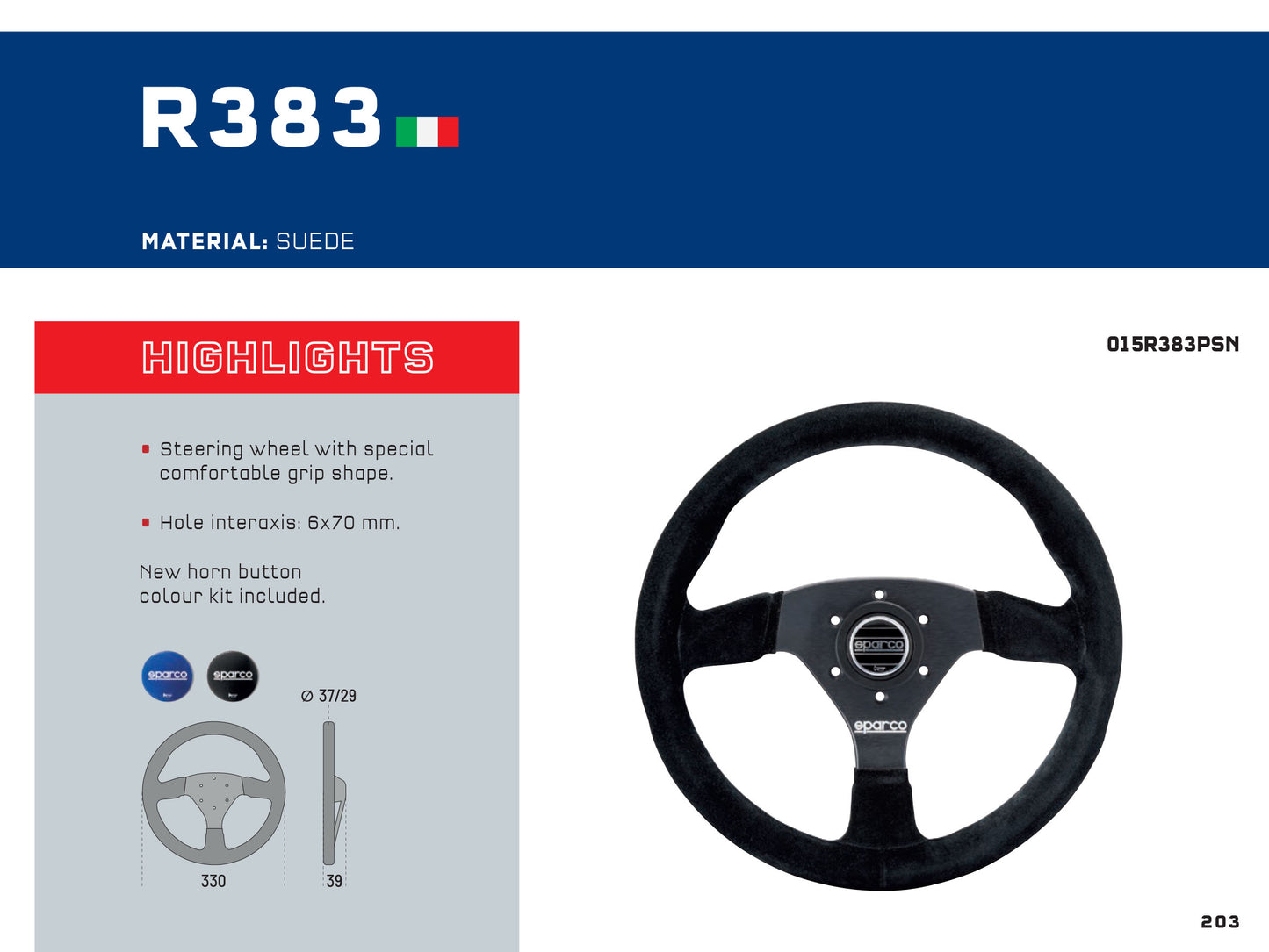 Sparco R383 Rally Steering Wheel 330mm Black Suede 330mm for 6x70mm PCD Hub Boss
