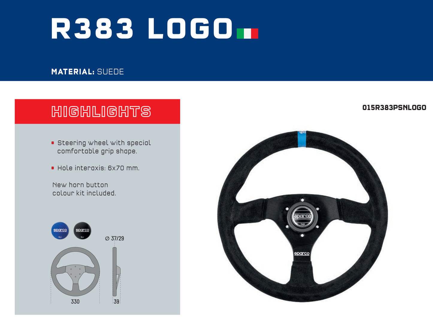 Sparco R383 Rally Grip Steering Wheel 330mm Diameter Black Suede Made in Italy