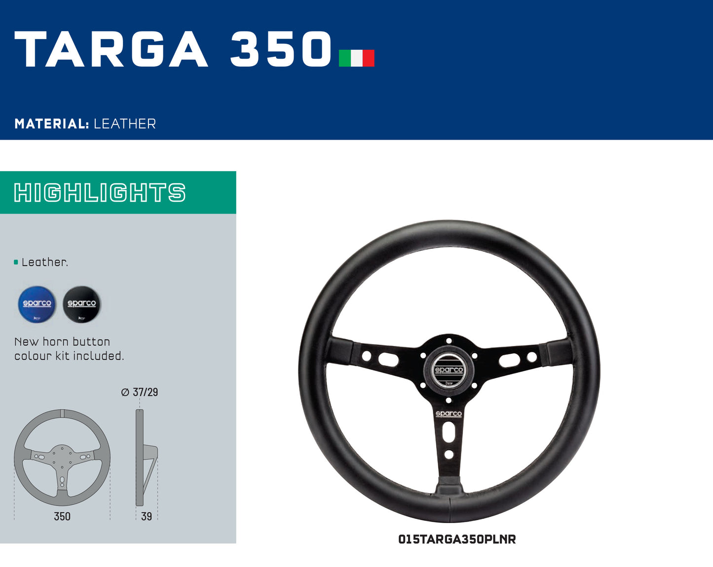 Sparco TARGA 350 Leather Steering Wheel 350mm 3-Spoke Genuine Made in Italy