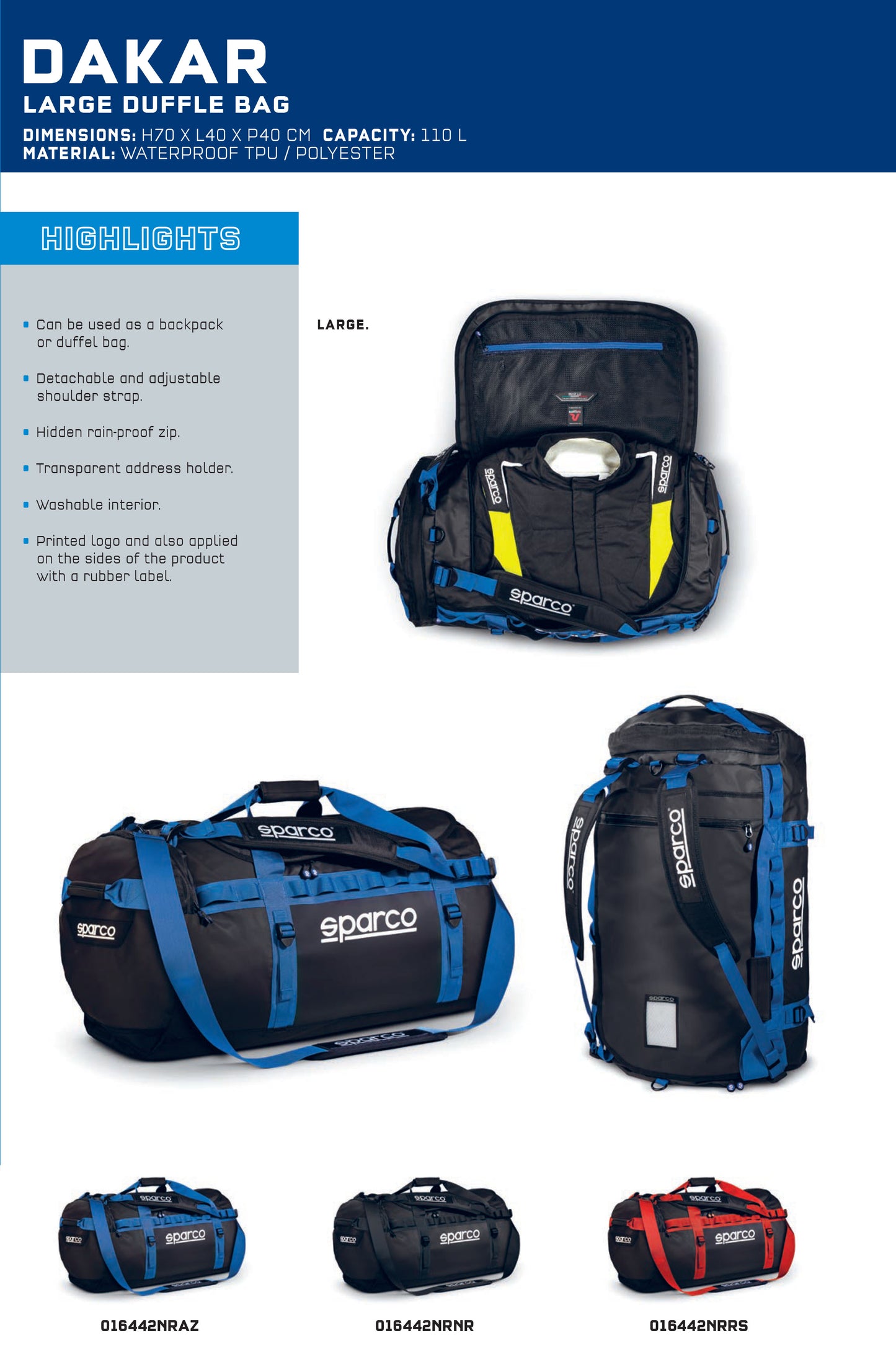 Sparco DAKAR Small Duffle Bag for Motorsport Driver Racewear 60L 53x32x32cm - raceforglory.store