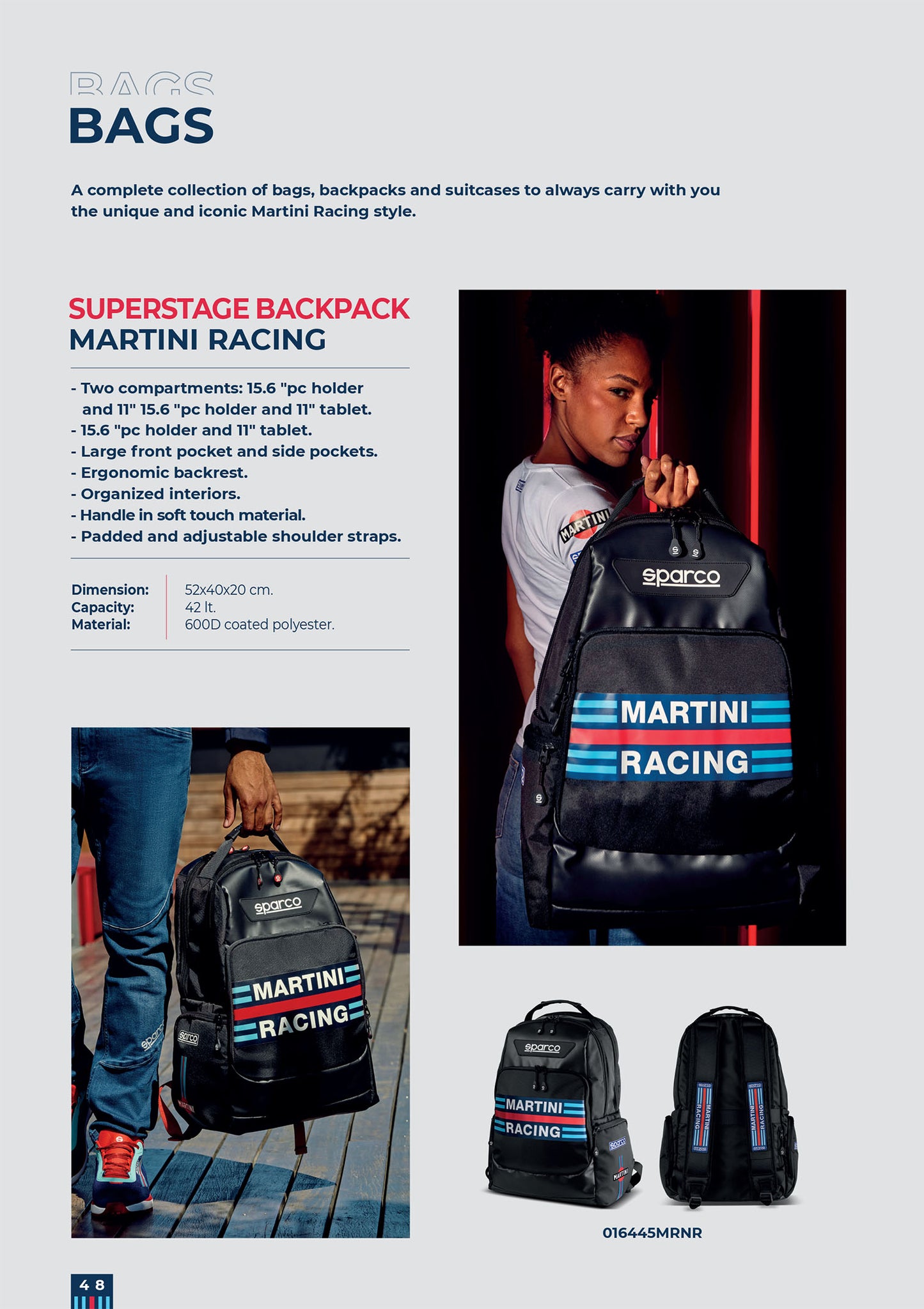 Sparco Martini Racing Rally Backpack Rucksack Laptop Tablet Bag 42L 52x40x20cm