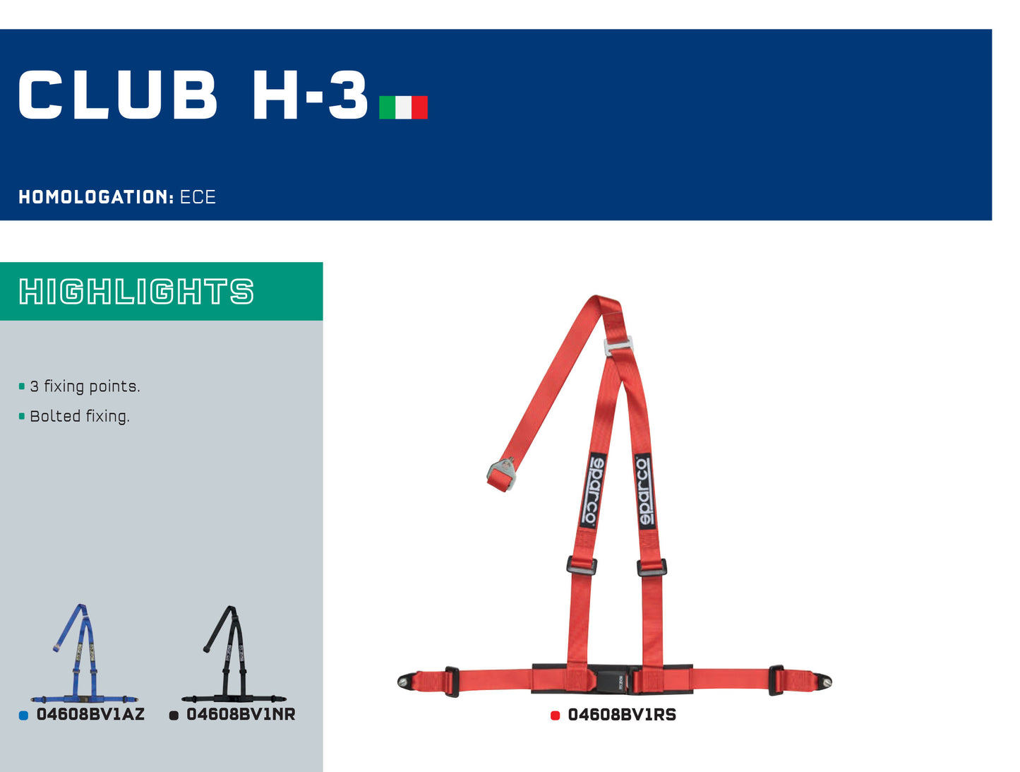 Sparco CLUB H-3 Seat Harness Belts 3-Point Fixing ECE Approved in 3 Colours - raceforglory.store
