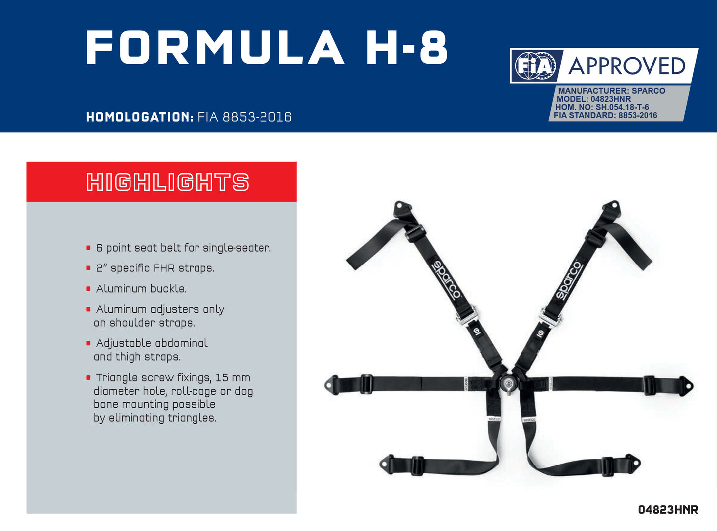 Sparco FORMULA H-8 Harness for Single Seater Racing Cars 2" FHR FIA 8853-2016