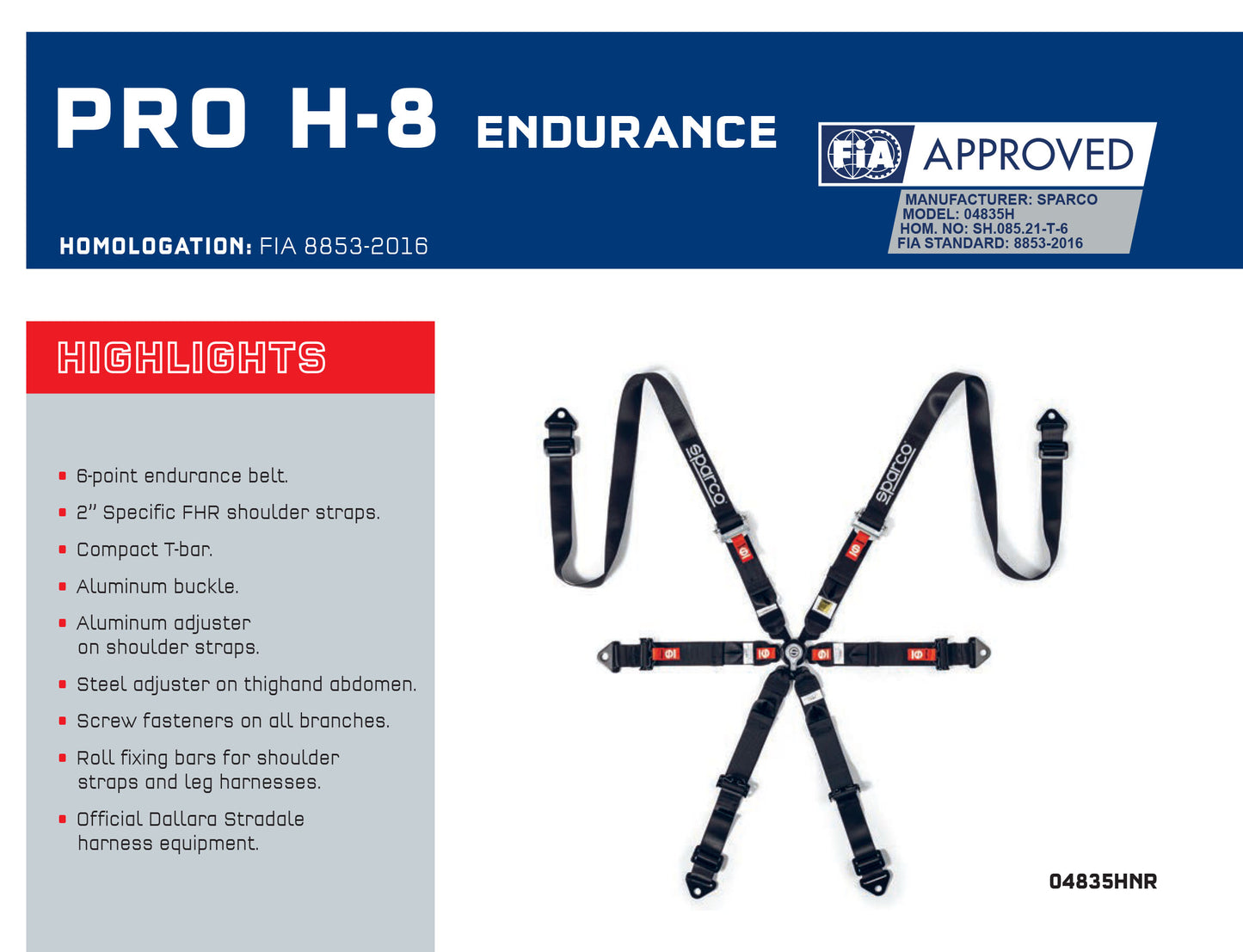 Sparco PRO H-8 ENDURANCE Harness 6-Point Official Dallara Stradale FIA 8853-2016