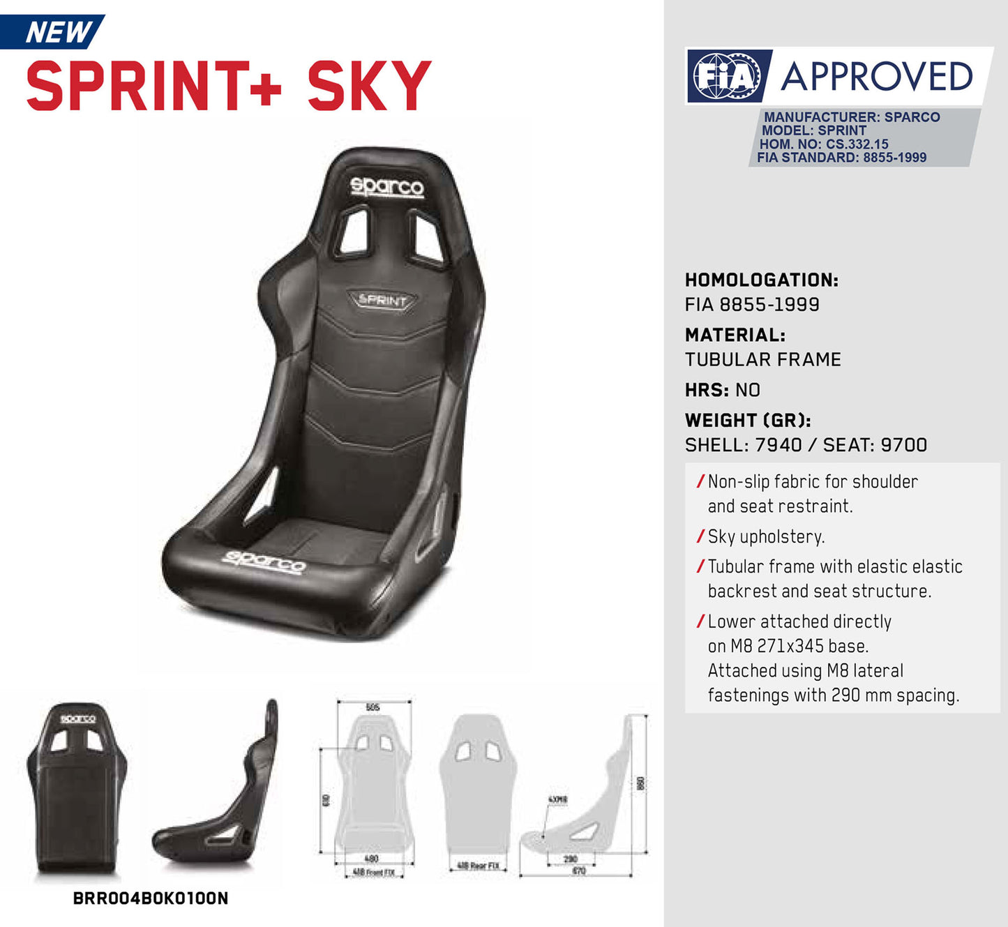 2025 Sparco SPRINT Racing Seat Black Sky Vinyl Fabric Entry Level FIA Approved