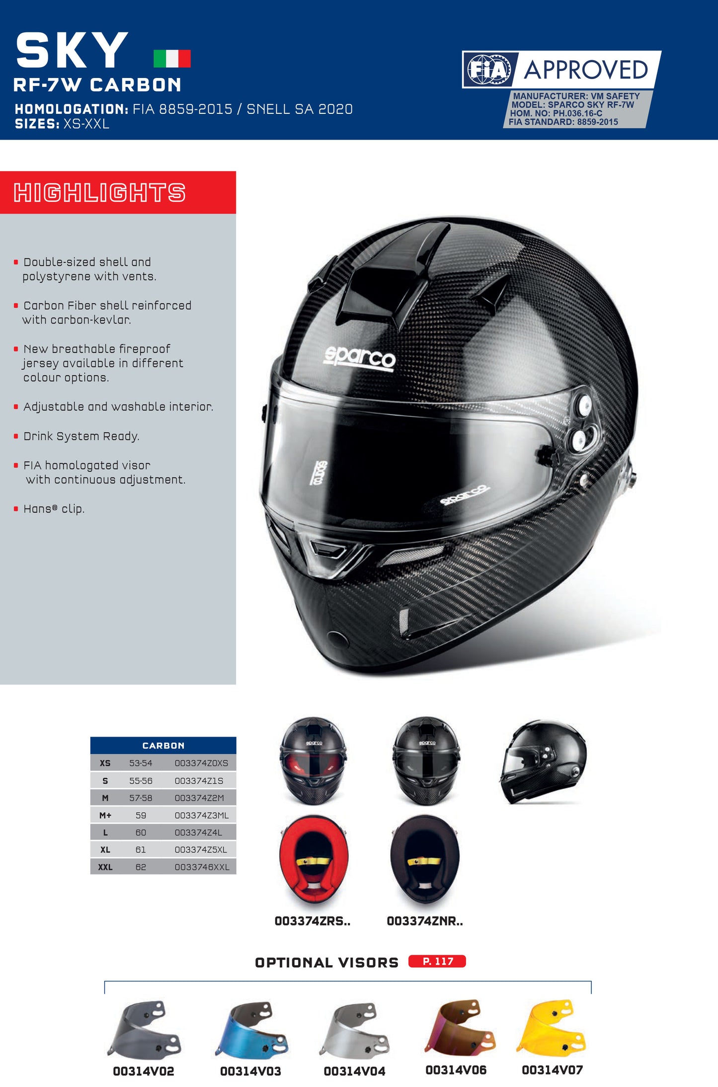 003374 Sparco Racing Helmet SKY RF-7W Carbon Fibre FIA 8859-2015 / SNELL SA 2020 - raceforglory.store