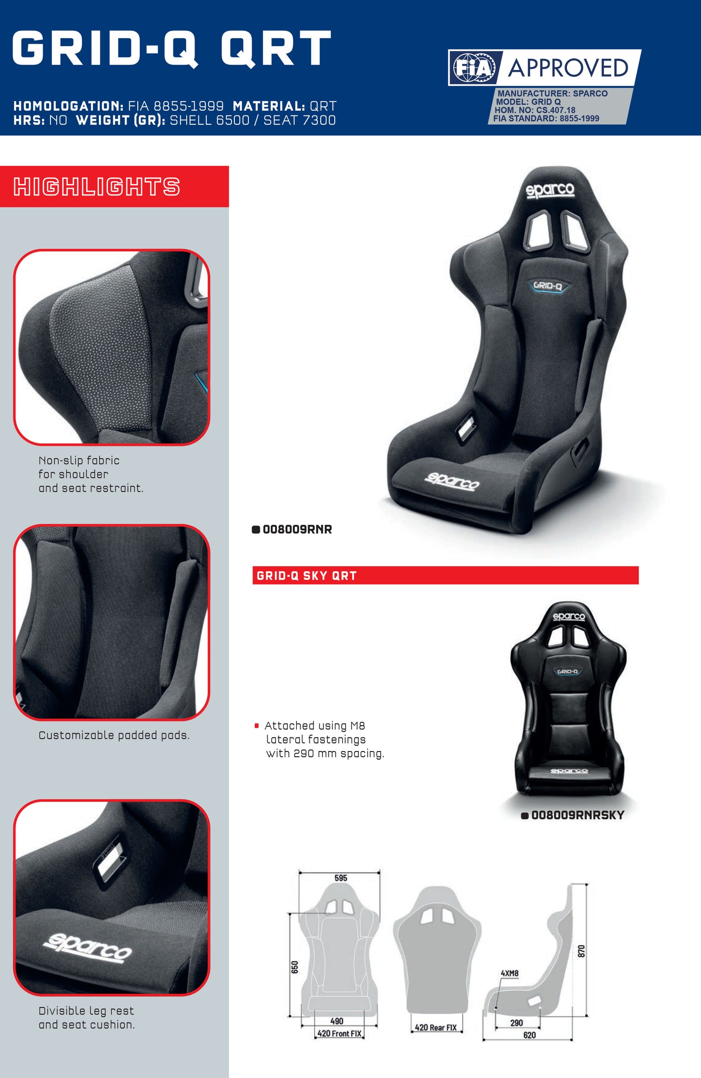 Sparco GRID-Q SKY QRT Race Seat Sky Upholstery FIA Approved Motorsport Racing - raceforglory.store