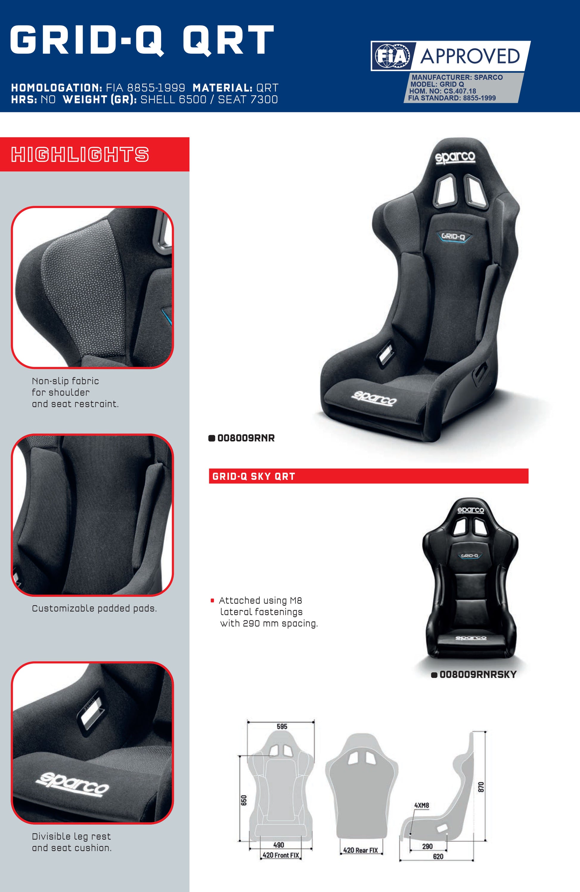 Sparco GRID-Q SKY QRT Race Seat Sky Upholstery FIA Approved Motorsport Racing - raceforglory.store