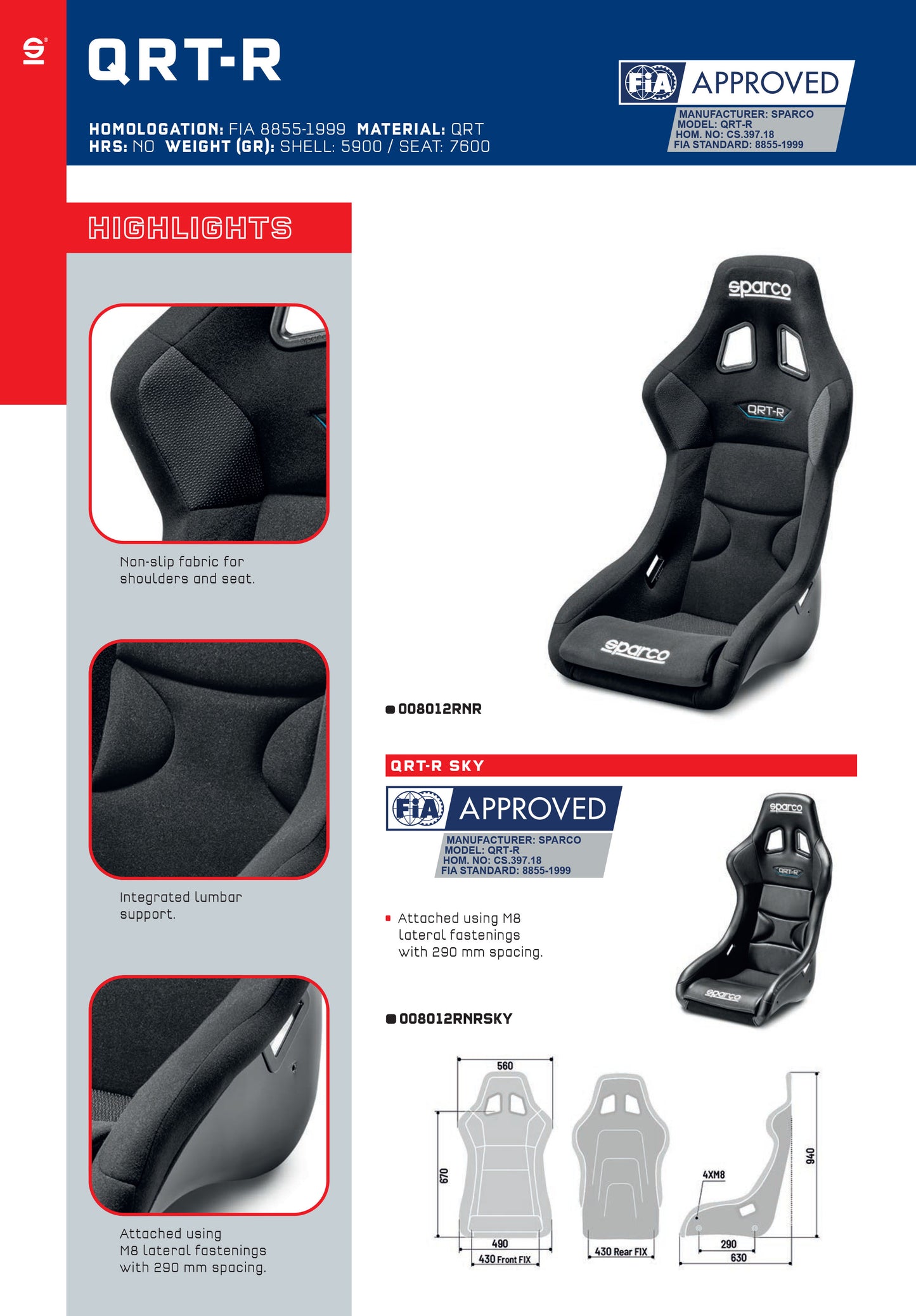 Sparco QRT-R SKY Upholstery Race Seat FIA 8855-1999 Spec for Motorsport Use