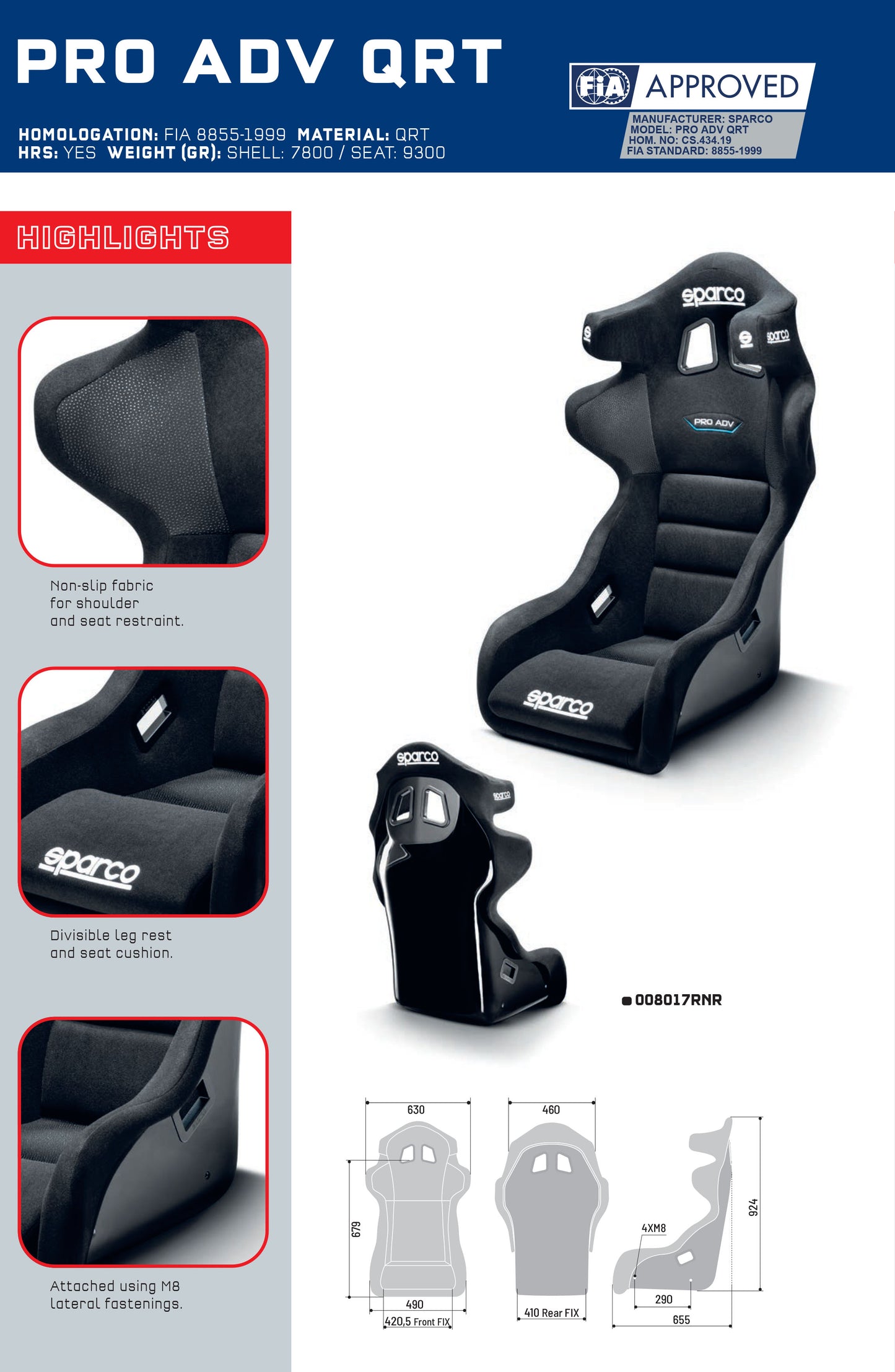 Sparco PRO ADV QRT Racing Seat for Touring Cars GT Endurance Race Rally FIA