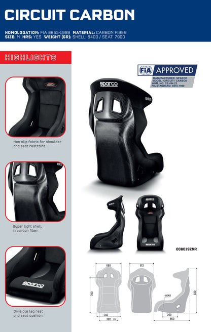 Sparco CIRCUIT CARBON Fibre Bucket Seat Racing Rally FIA 8855-1999 Motorsport