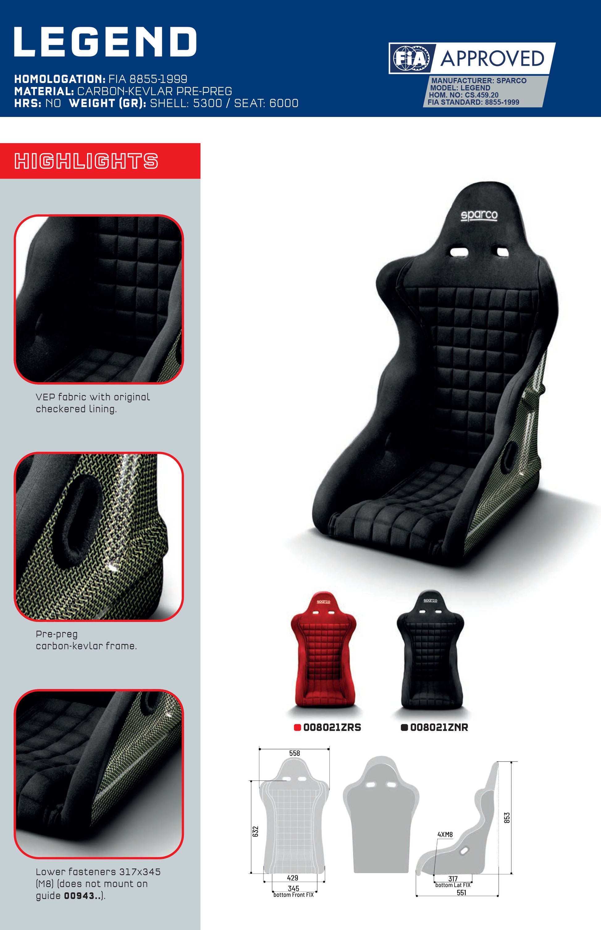 Sparco LEGEND Classic Racing Seat BLACK Carbon Pre-Preg FIA 8855-1999 - raceforglory.store
