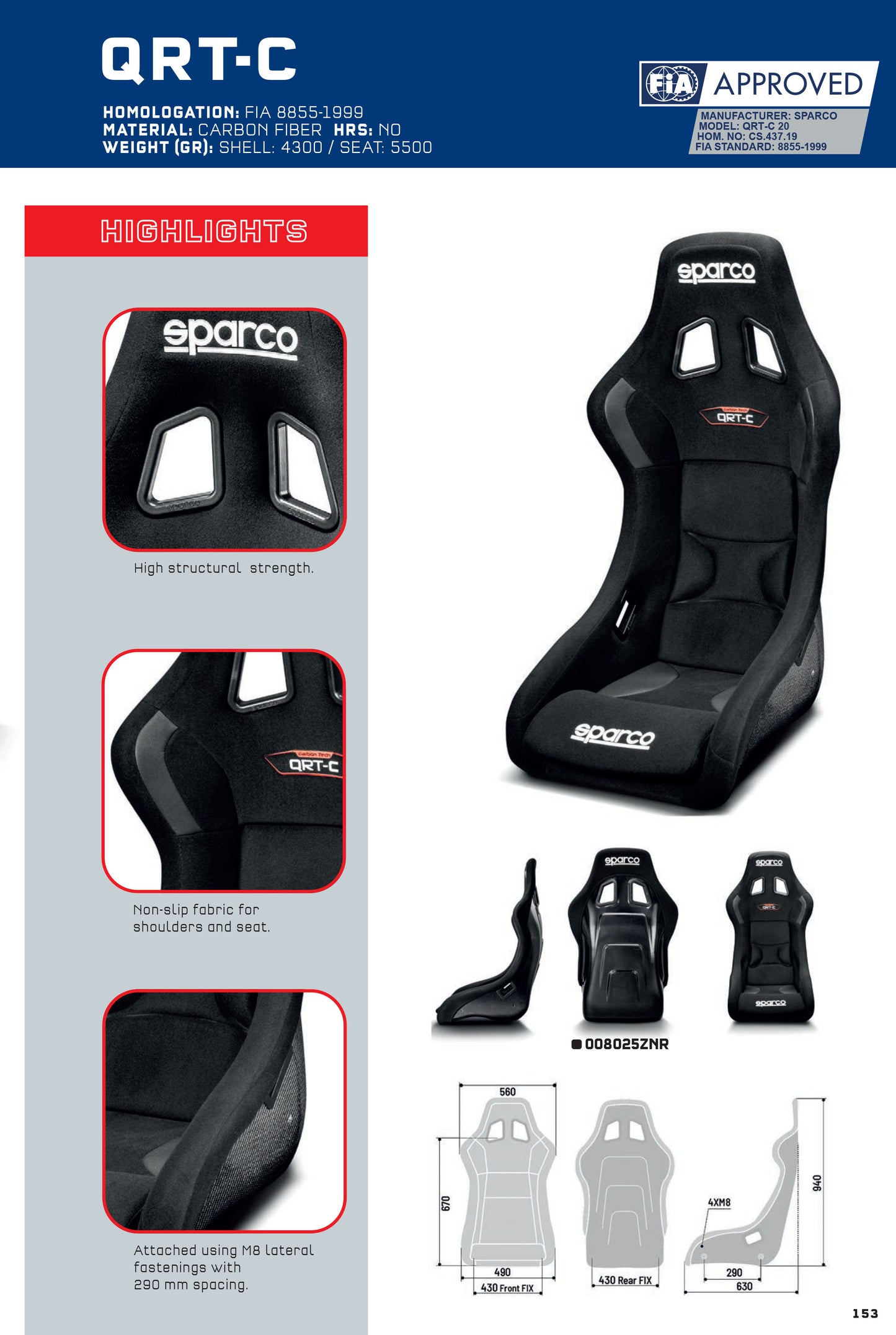 Sparco QRT-C Carbon Fibre Race Seat 5.5kg Super Lightweight for Motorsport FIA