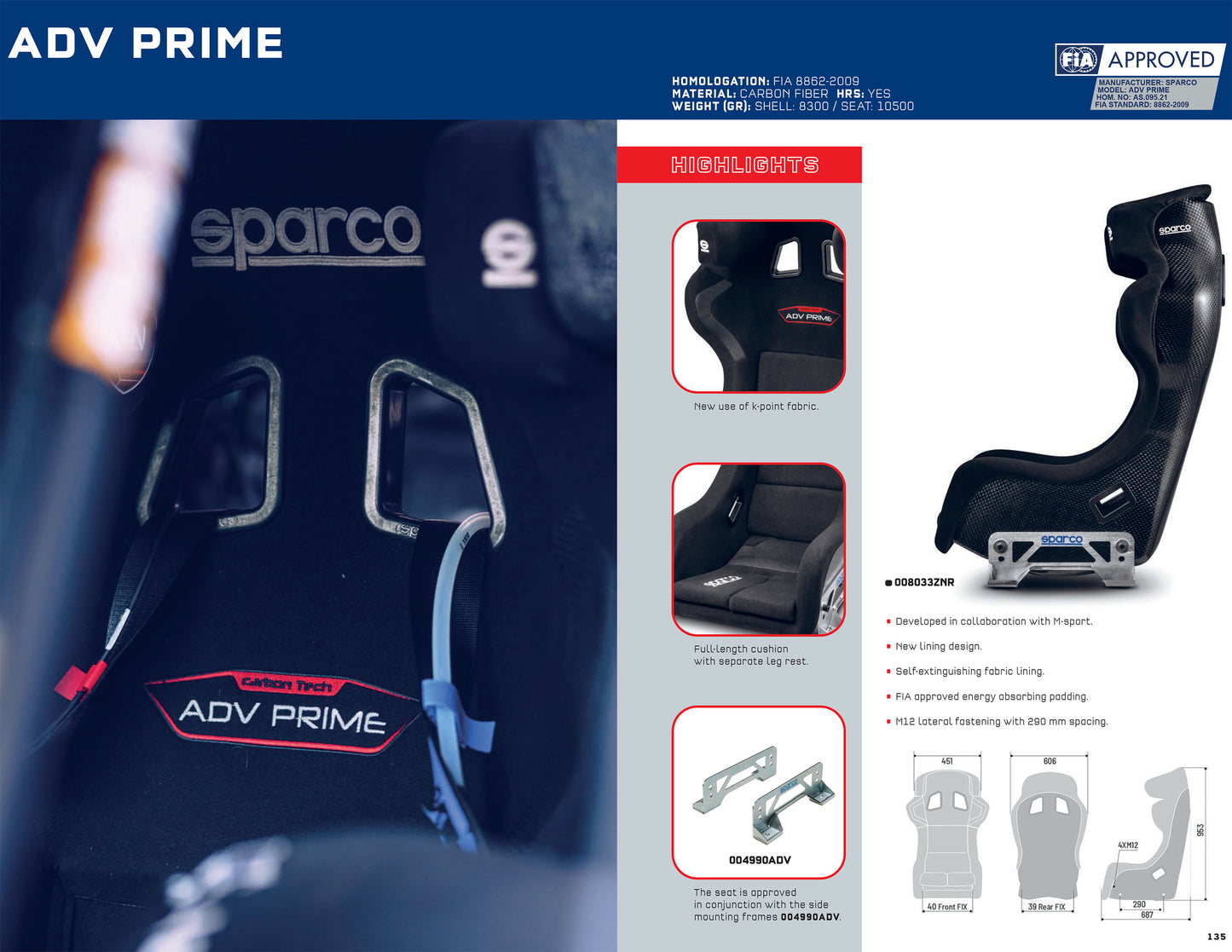 Sparco ADV PRIME Rally Seat M-Sport Design in Carbon Fibre FIA 8862-2009 Spec