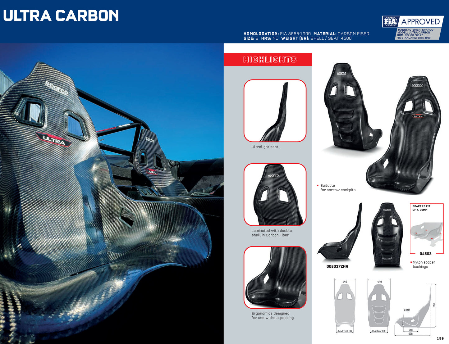Sparco ULTRA CARBON FIA Super Lightweight 3.8kgs Size Small for Narrow Cockpits