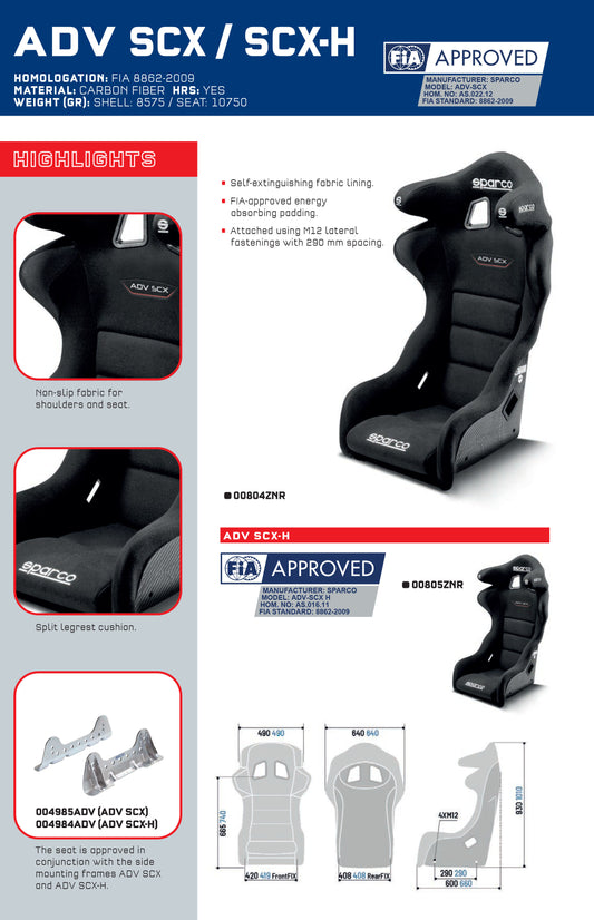 Sparco ADV SCX-H Professional Racing Seat Carbon Fibre with HRS FIA 8862-2009