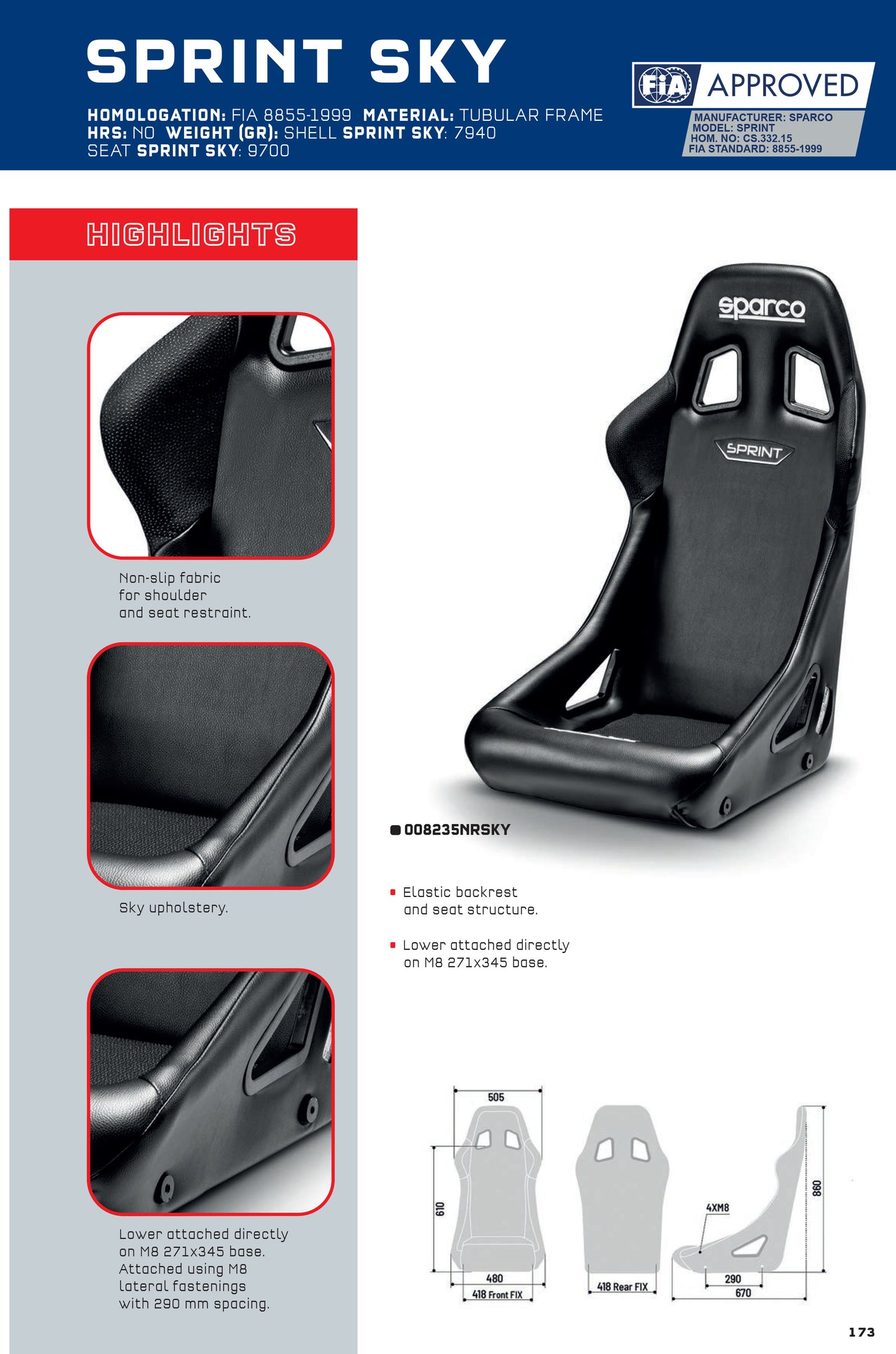 Sparco SPRINT SKY Bucket Seat Black Vinyl Fabric Race Rally Track Day FIA Spec