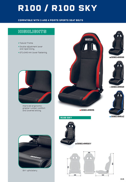Sparco R100 Sports Seat BLACK/GREY Reclining for Performance Fast Road Car