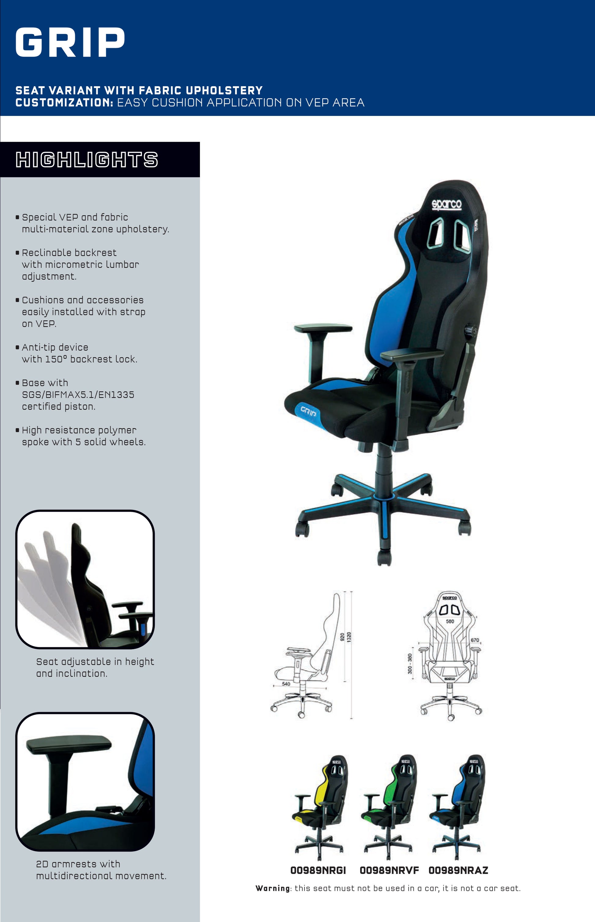 Sparco GRIP Racing Office Chair Seat Reclinable Adjustable for Home Work Gaming - raceforglory.store