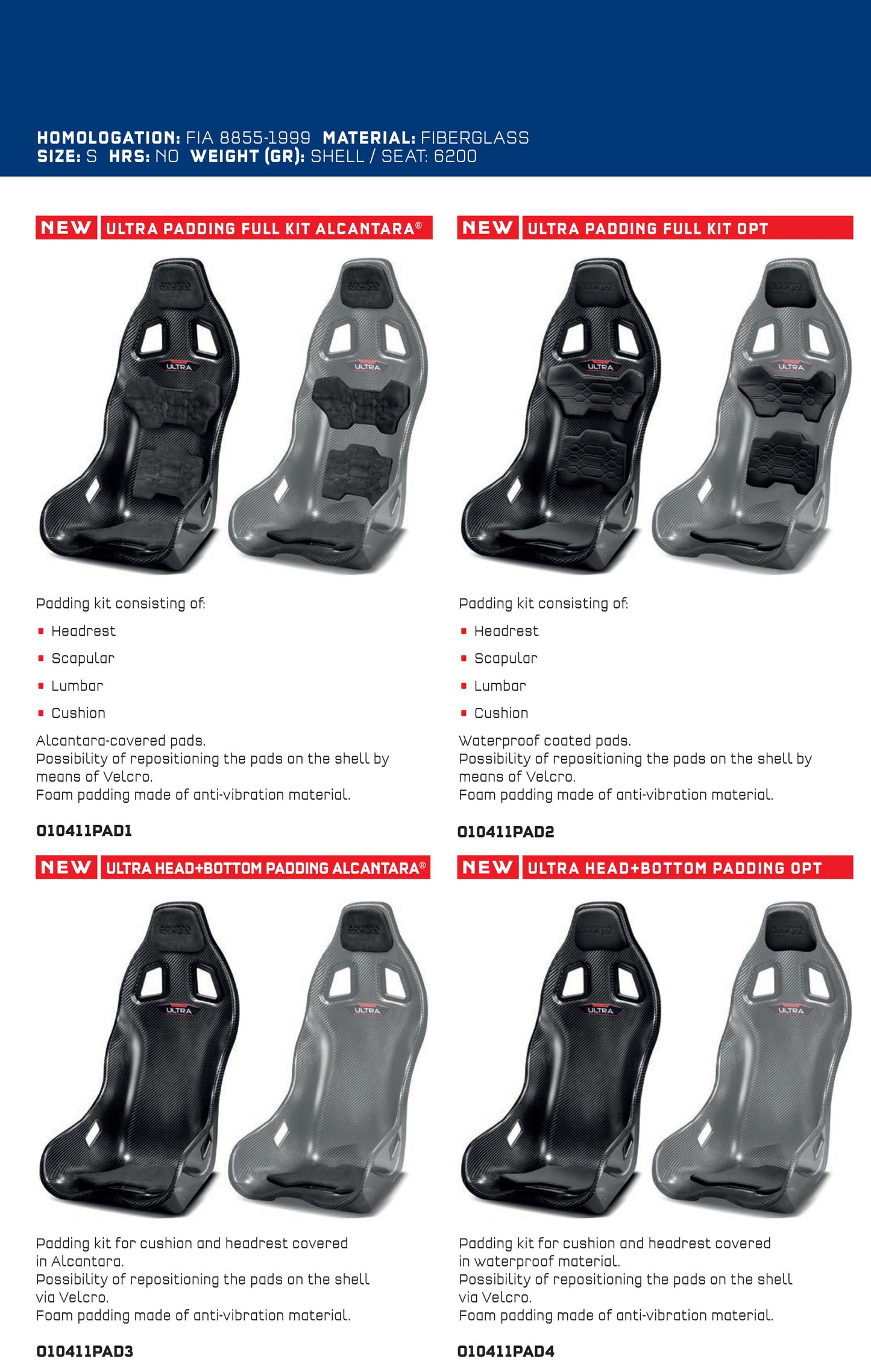 Sparco ULTRA Seat Padding Full Kit 4-Piece Waterproof Coated Pads Anti-Vibration