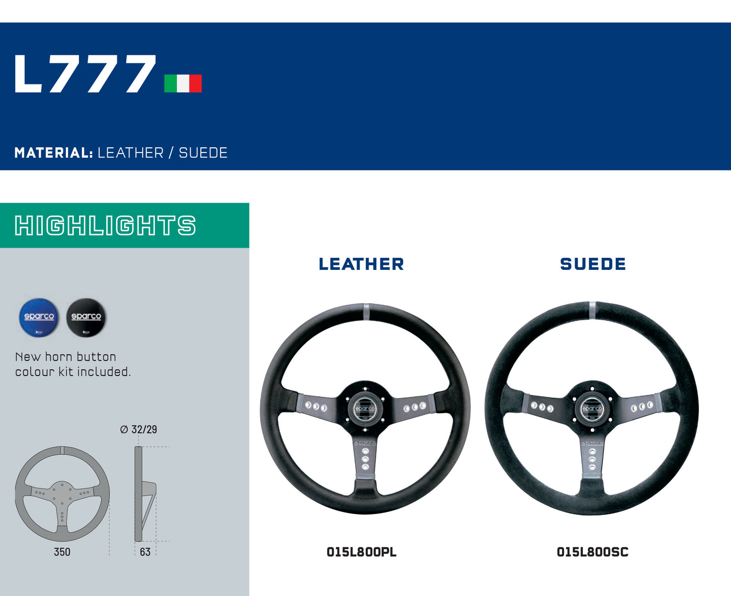 Sparco Steering Wheel L777 Suede 350mm Diameter 63mm Mid-Depth Made in Italy