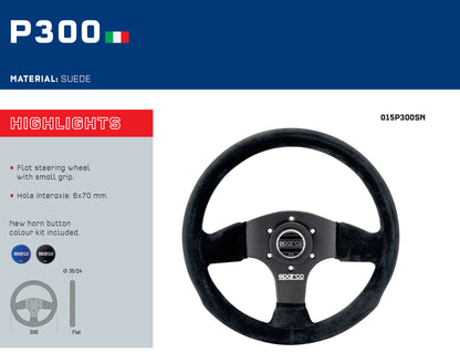 Sparco Lenkrad P300 Wildleder Schwarz 300 mm Flaches Design für Rallye-Rennwagen