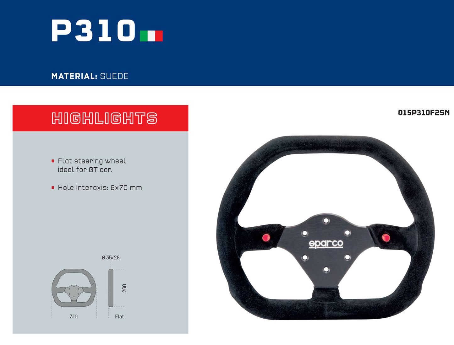 Sparco Steering Wheel P310 Black Suede 310mm Push Buttons for GT Racing Cars