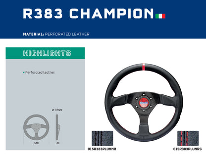 Sparco R383 Champion Steering Wheel 330mm Black with Red Stitching & Horn Button