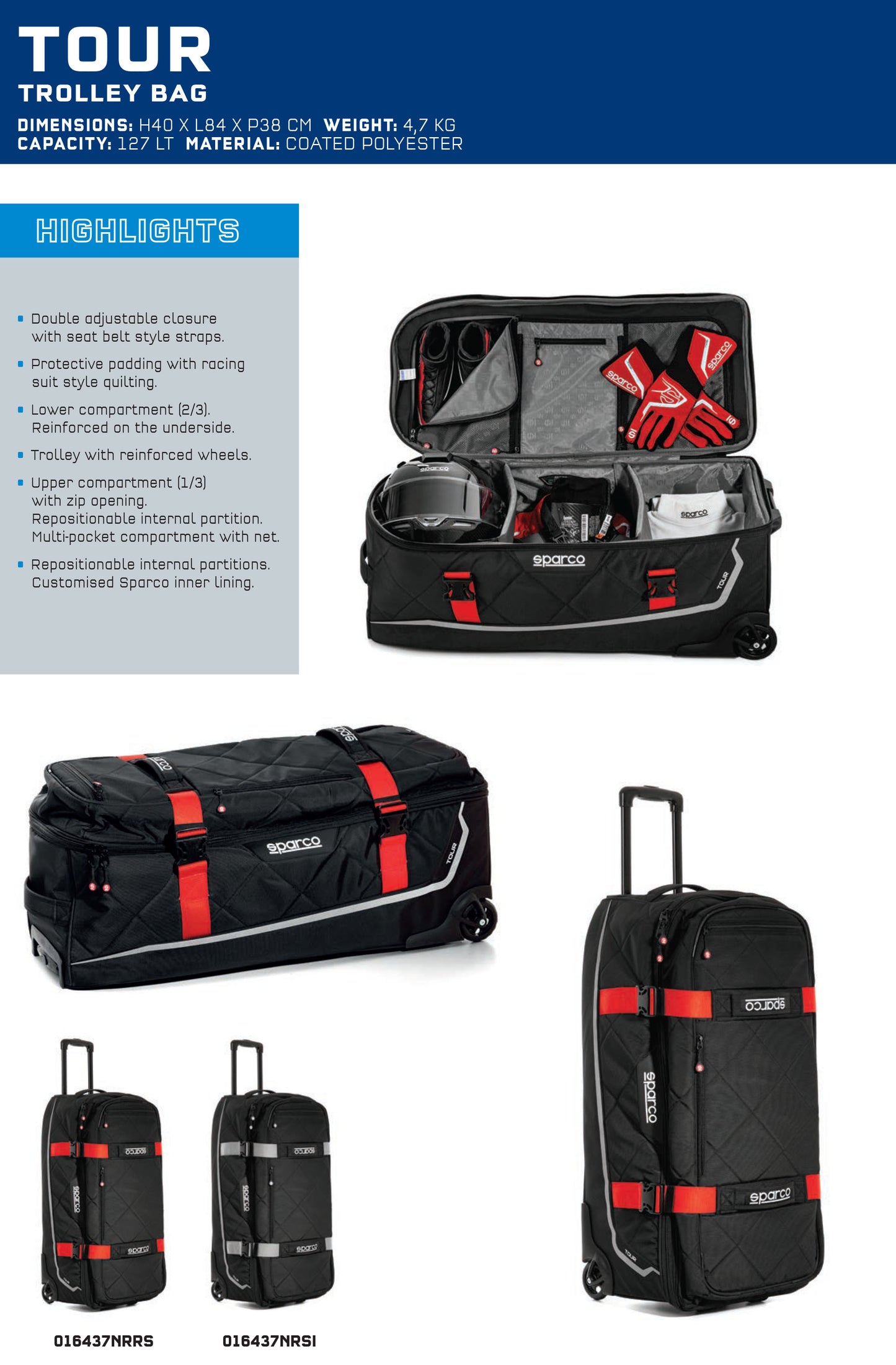 Sparco Tour Racewear Trolley Bag Racing Driver Travel Transport 127L 40x84x38cm
