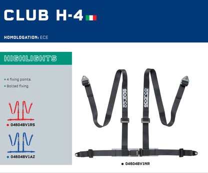 Sparco CLUB H-4 Seat Harness 4-Point Belts ECE Approved for Road Cars & Track - raceforglory.store