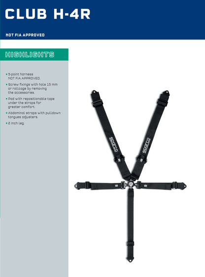 Sparco Arnés de Seguridad CLUB H-4R de 5 Puntos, Correas de Pierna de 2" y Hombro de 3" Negro