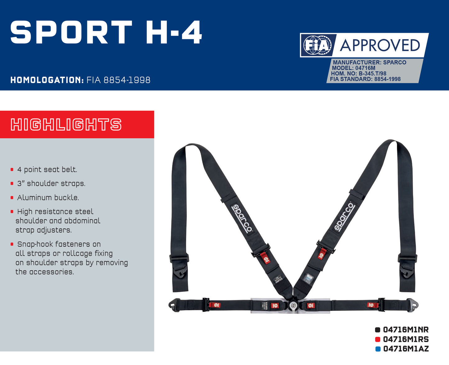Sparco SPORT H-4 Racing 4-Point Harness Seat Belts 3" Straps FIA 8854-1998