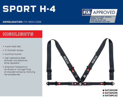 Sparco SPORT H-4 Racing 4-Point Harness Seat Belts 3" Straps FIA 8854-1998