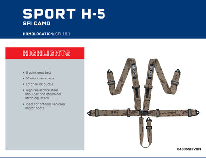 Sparco SPORT H-5 Racing Harness 5-Point Camo Design Ideal for Off-Road and Boats